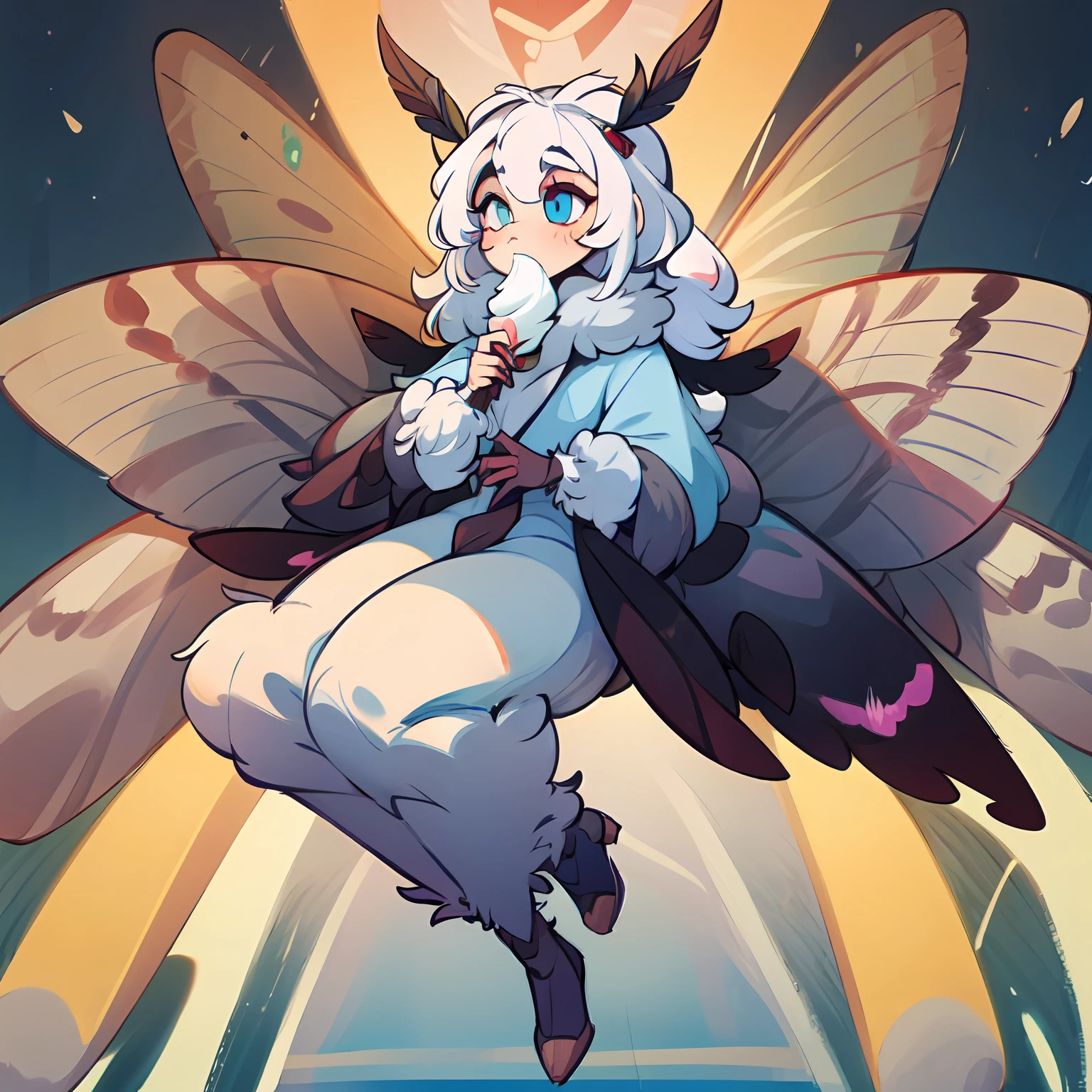 best quality, masterpiece, cute anthro moth, female, heterochromia, with gray moth wings,moth antennae, neck fur, fur collar, moth wings, multiple wings, four arms, full body covered with colorful fluffy fur, (eating ice-cream), full body, intricate, detailed, sharp focus, blurry background, park background, trending on Pixiv, 4k