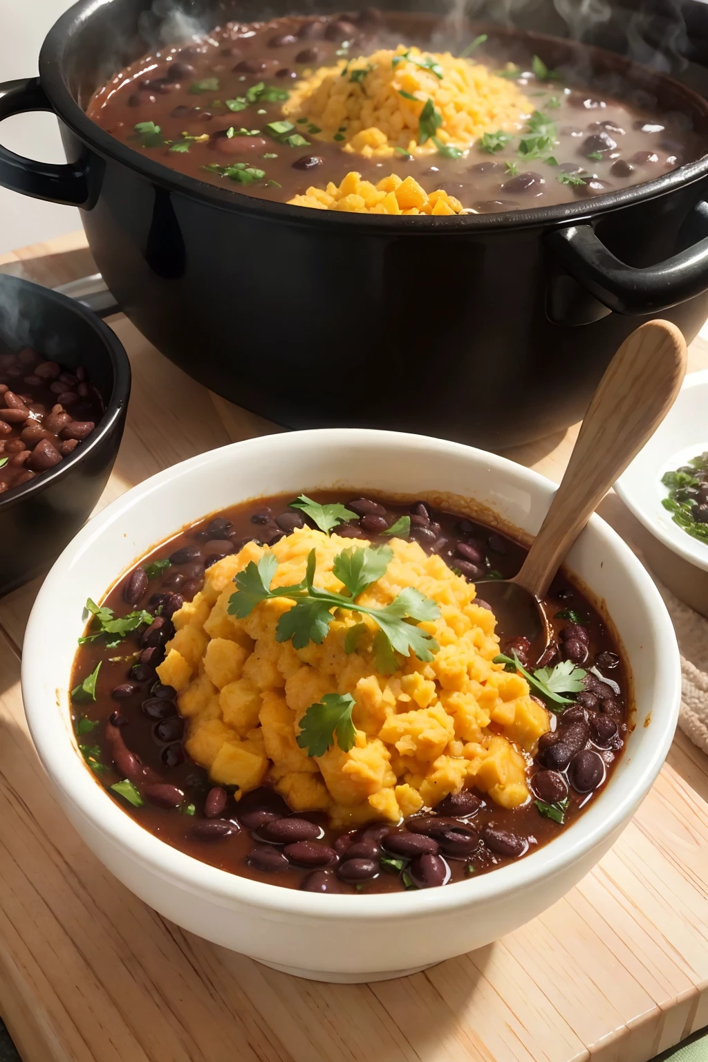 Uma foto em close-up de uma feijoada vegetariana brasileira servida quente no vapor em uma tigela de barro. O grosso, Wet black beans are the star, temperado com cebola, alho e louro. They are mixed with scrambled eggs and crunchy cassava flour farofa. The beans are covered with chopped chives. Prominent steam rises from healthy dish. The lighting emphasizes the textures of the rich, dark beans. No utensils are shown. A imagem tem um caseiro, Appetizing aesthetics with a sharp focus on the details of feijoada. O arroz fica discretamente ao fundo.