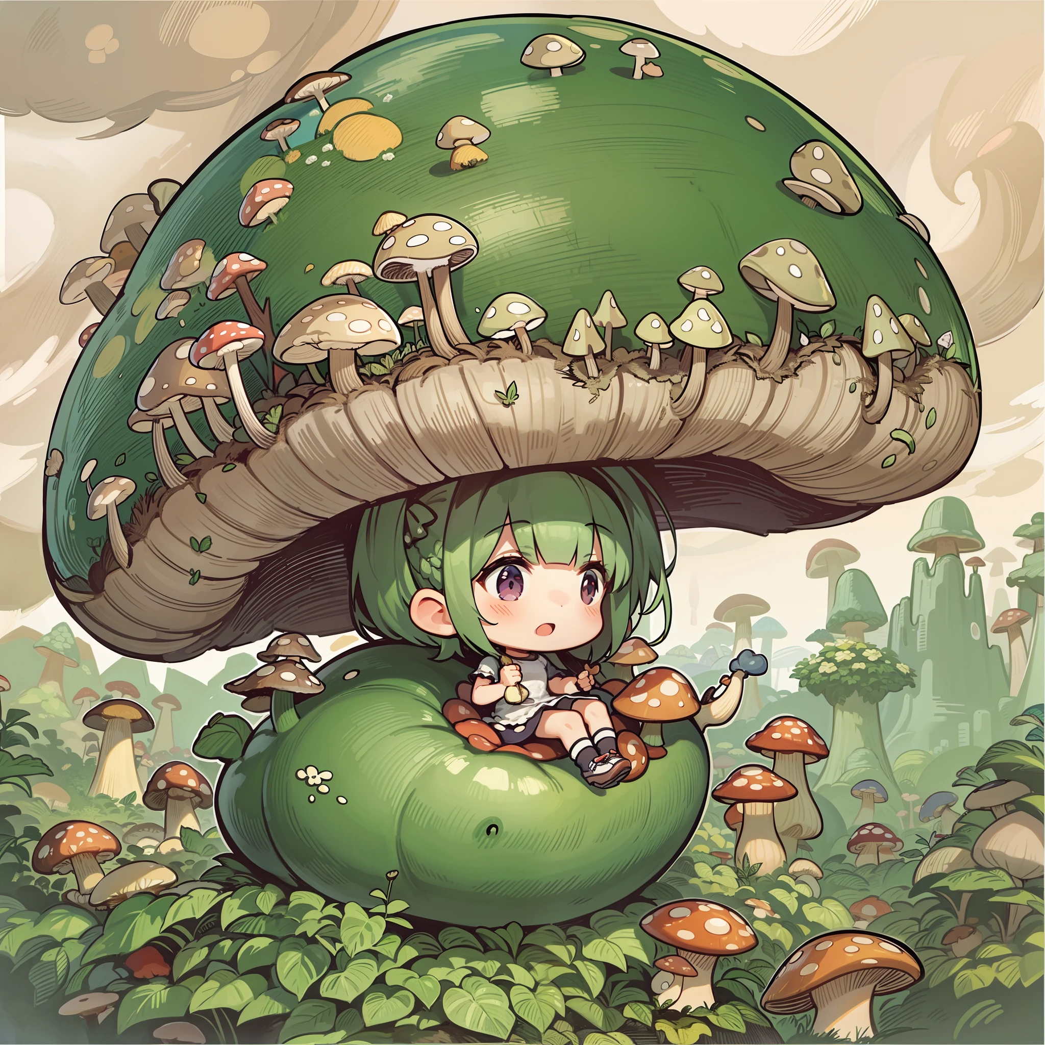 chibi girl, mushroom on head, riding on giant eggplant