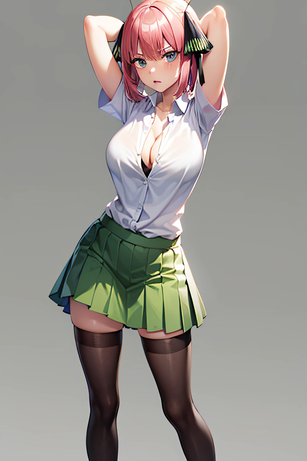 masterpiece, best quality, highres, Nakano nino, 1girl, solo, pink hair, short hair, busty, butterfly hair ornament, large breasts, cleavage, green skirt, white shirt, collared shirt, open clothes, black thighhighs, short sleeves, skirt lift, looking at viewer, annoyed, blush, full body, standing, simple background, arms behind head, (?????? pose:1.4)