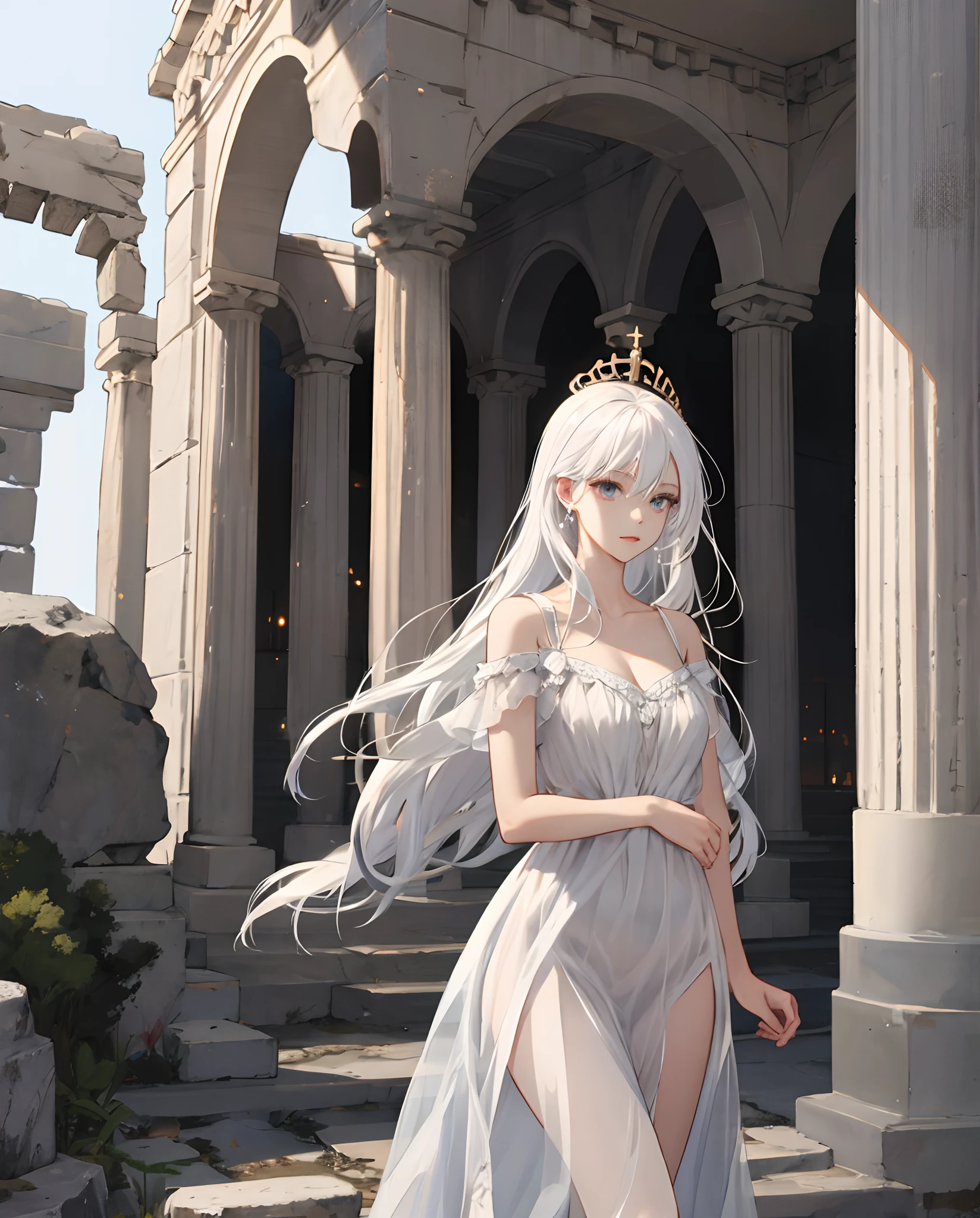 White hair greek goddes dark dress