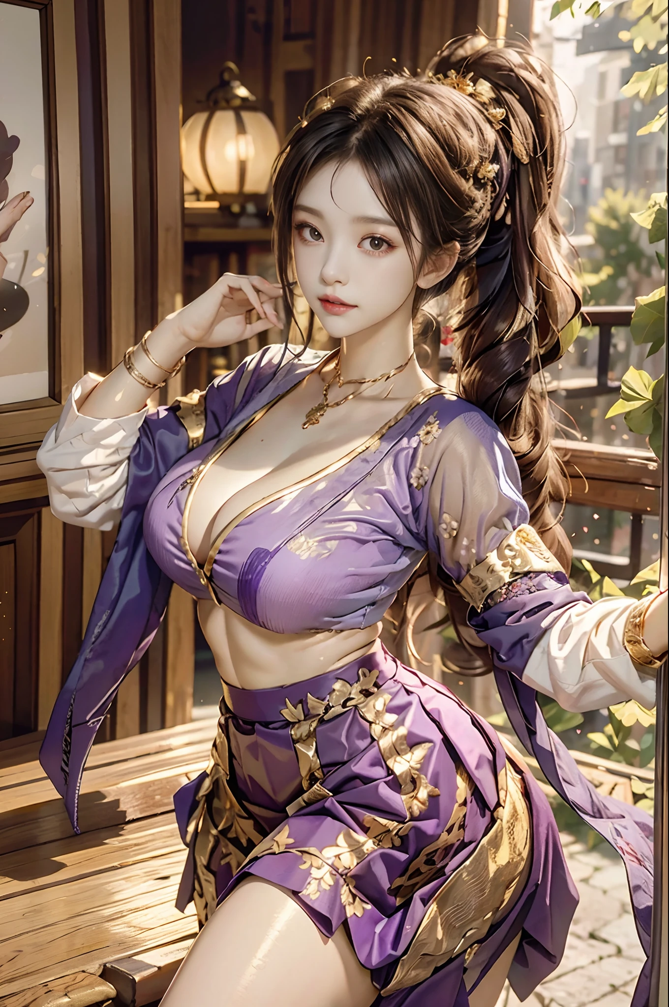 Superb quality, masutepiece, High resolution, (exquisite body: 1.5), stunning beauty, (milky skin: 1.3), exquisitedetails, High resolution, Wallpaper, 1 woman, Solo, Dress, Hair Accessories, (((Golden purple skirt)) ), flower, Long hair, Brown hair, Shut up, Accessories, Long sleeves, Raised hands, Wide sleeves, Big eyes, Flowing hair, Hanfu, Hanfu, embroidery, Long skirt, Natural pose, Falling petals, Indoor, Fanning, lantern, 16 K, nffsw, High resolution, depth of fields, (Film Grae: 1.1), buttock, prime time, (Lens Glow), Vignette, rainbow, (colour grading: 1.5)