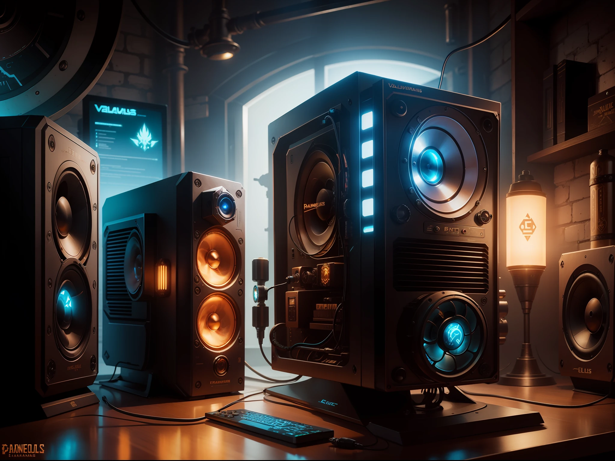 PC gamer steampunk, sem humanos, pannel eletric, valvulas, speaker