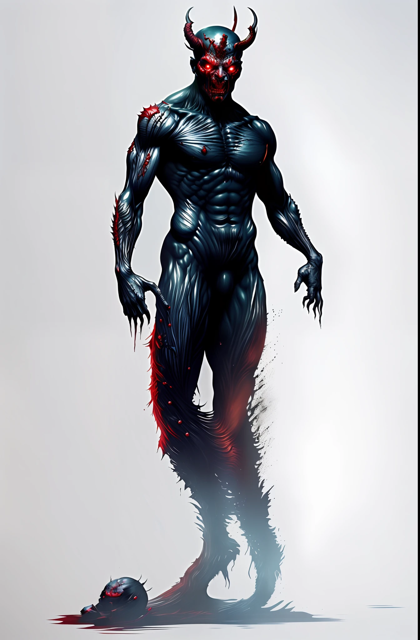 top-quality、masterpiece、超A high resolution、(Photorealsitic:1.4)、kook、Muscular body glowing black、Grotesque、Silver tentacles、Bloody、Bleeding from the hands、Clasping
