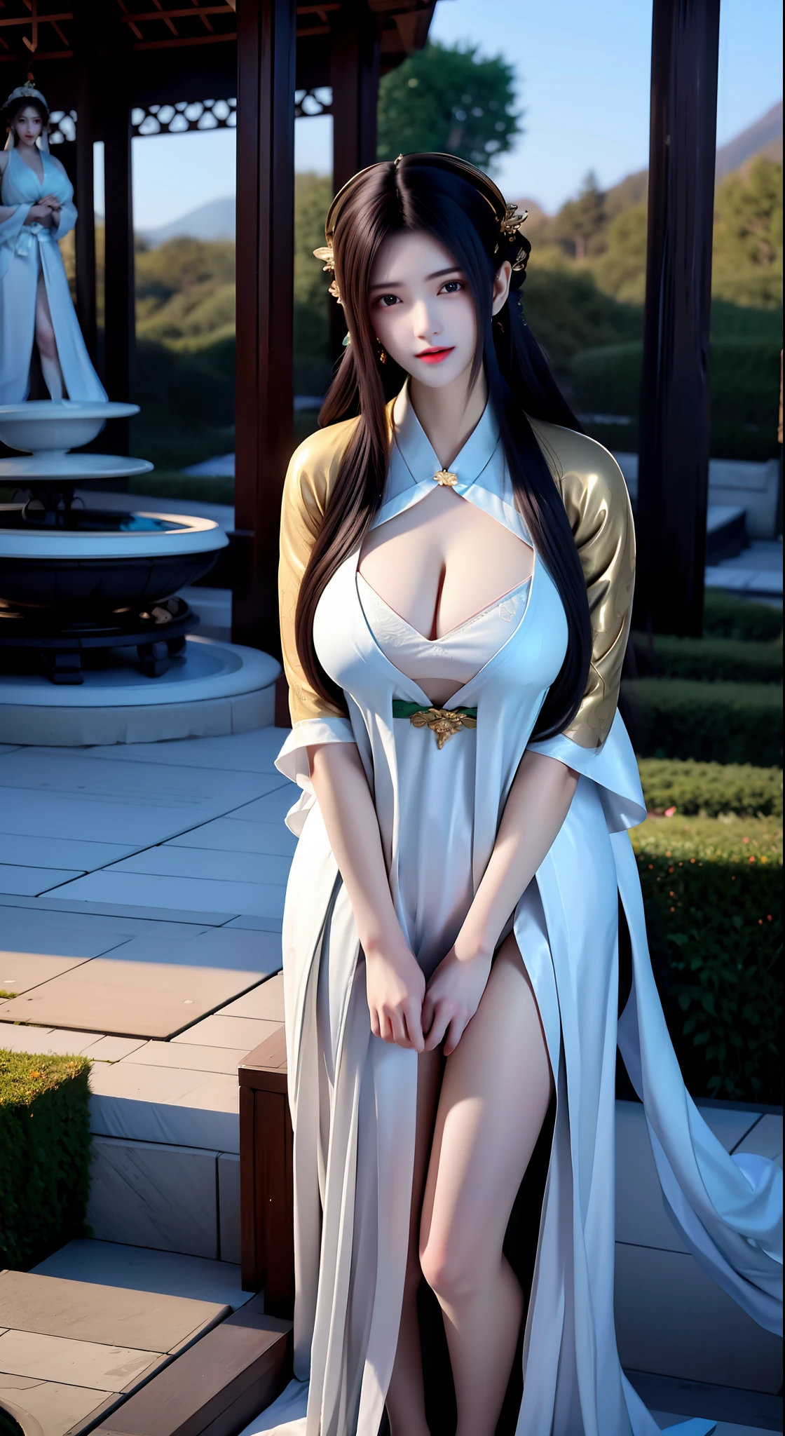 Under the bright spring sun,A goddess in ancient costume dressed in gorgeous Hanfu,Standing quietly in the sea of flowers in the mountains and rivers。Her face is beautiful,Like an orchid in the valley,Immortal overflowing。Dressed in a lilac silk dress,With a gentle swing,It gives a dreamlike feeling。
Her hair was coiled,Decorate with golden and emerald hairpins,Elegant and dignified。The tassels on the forehead shine in the sun,It further highlights her noble temperament。Her eyes were like a clear lake,It's a year to be。
The surrounding sea of flowers is like a huge picture,Flourishing peonies、Delicate lilies、Fragrant jasmine intertwined,A colorful ocean is formed。Floral fragrance pervades,Intoxicating。The goddess stands quietly in the sea of flowers,As if one with these flowers,It's like a perfect landscape painting。
Sunlight shone on her face through the gaps in the leaves,It was like putting a soft glow on her。A fresh breeze blew through,Her long dress fluttered in the wind,Like a fairy under mortals。Butterflies dance among the flowers,It seems to be offering her a beautiful dance。
The whole scene is breathtakingly beautiful,It's like a wonderland on earth。The goddess of Hanfu costume stands in the sea of flowers in the mountains and rivers,It gives the feeling of traveling through time and space,Let people immerse themselves in this beautiful picture。Full body photo,standing on your feet,jade foot,high-heels,