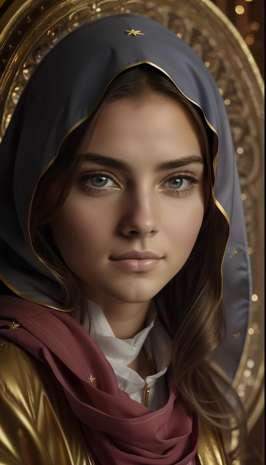 ((Blessed Virgin Mary. 19 years old))) ((( Con una cara seria y piadosa. Con una mirada dulce y tierna))) (obra maestra, calidad superior, mejor calidad, arte oficial, beautiful and aesthetic: 1.2), (1girl), extremadamente detallado, (Arte fractal: 1.3), colorido, highest detailed, Cara perfecta, parte superior del cuerpo, HDR, (orando: 1.3), (golden lines of white coat: 1.2), galaxia, (rayas de luz), eye-catching visuals, (dynamic stripes, senderos luminosos: 1.2), colores vibrantes,