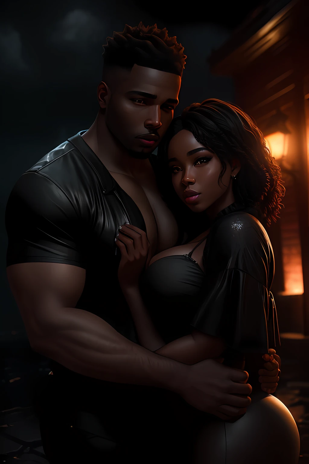 Black couple man and beautiful curvy woman Embraced in each others arms in a dark cloud covered scene, romantic scene, beautiful love scene, night time, photorealistic image, 8k, ultra HD, unreal engine rendered, cinematic lighting, artgerm style,