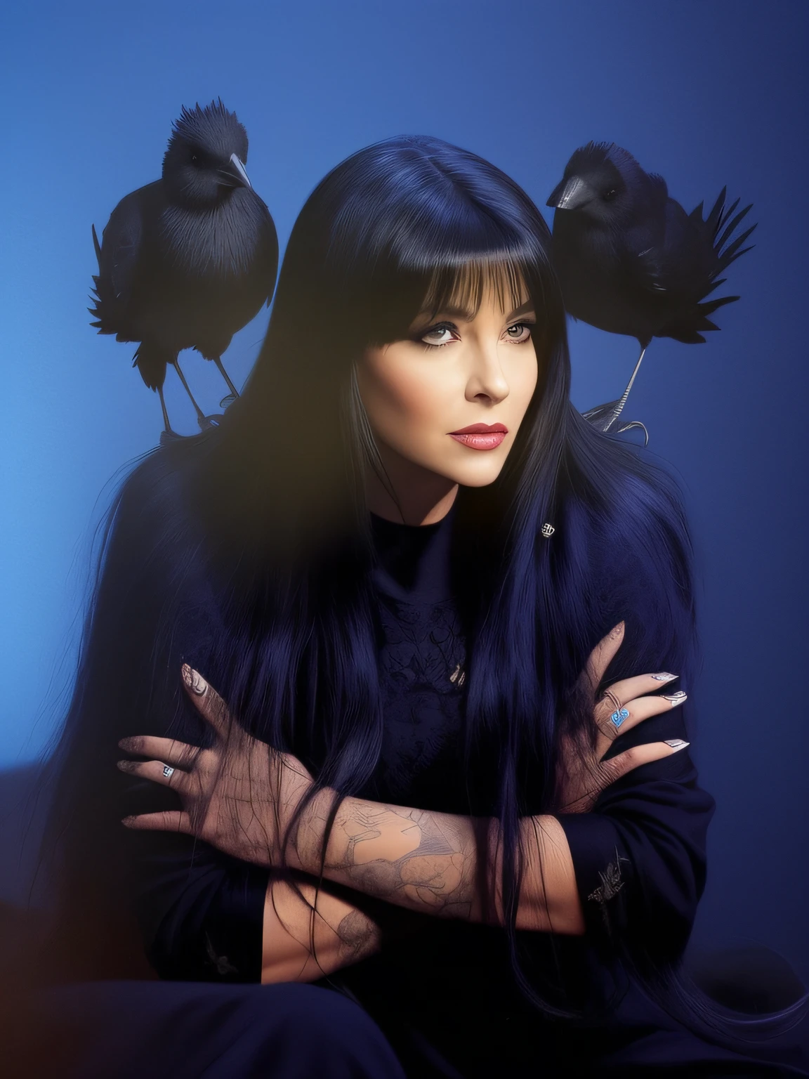 Image of a woman with long hair and two birds on her head, com seus longos cabelos pretos, Cabelos longos de corvo, Dwayne Barlowe, com longos cabelos pretos, cabelo de corvo, long flowing black hair, cabelos longos e macios e macios, clasps his bangs in one hand, Elvira com roupas esfarrapadas, com cabelos longos e olhos penetrantes