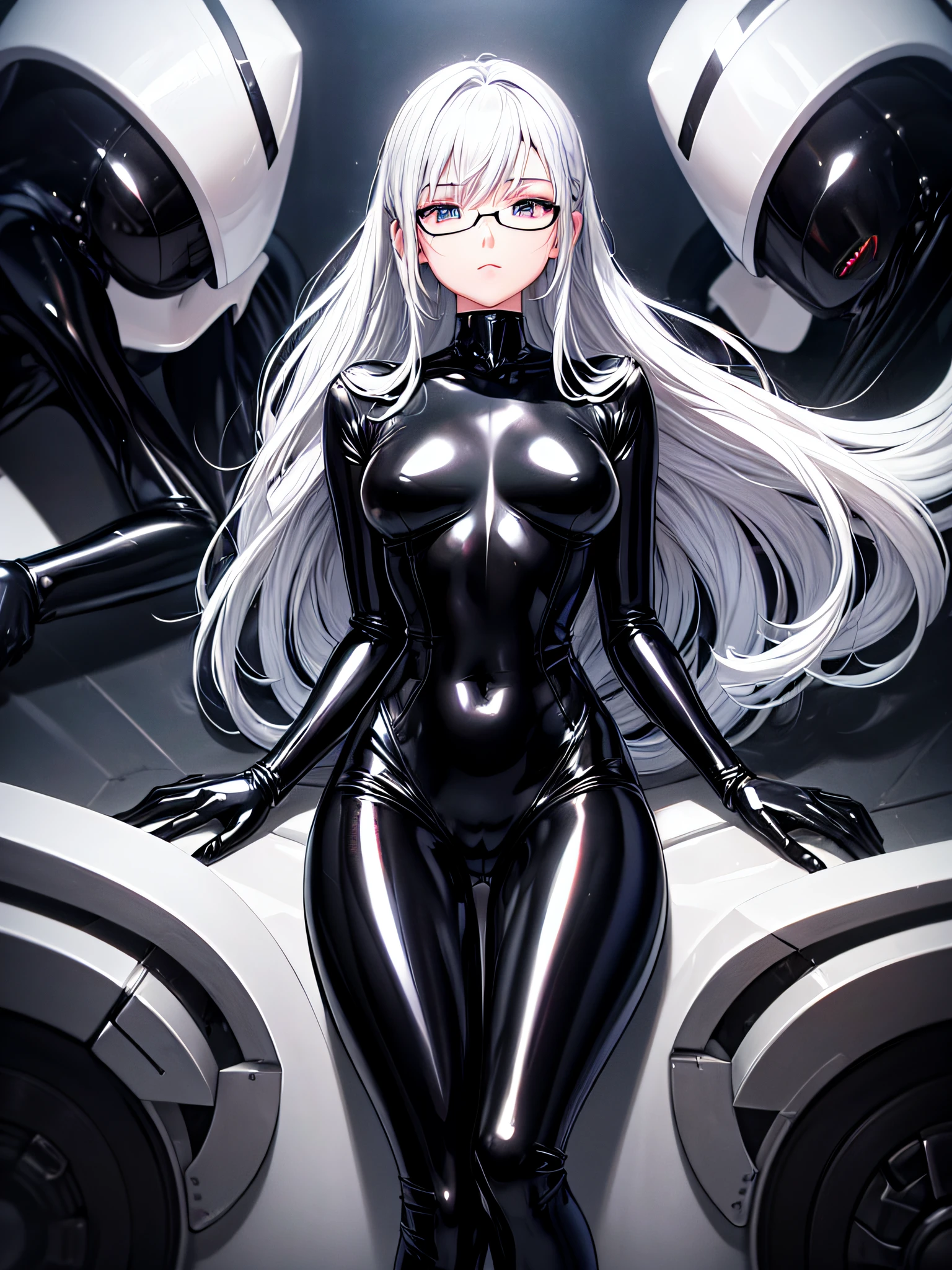 5 8K UHD、Beauty with small nose with silver hair in black shiny black full body rider suit wearing glasses sits with crotch open、Wearing a shiny black latex slider suit with hidden skin、Shiny black latex slider suit、Beautifuls with small noses sitting expressionless and with their crotches open