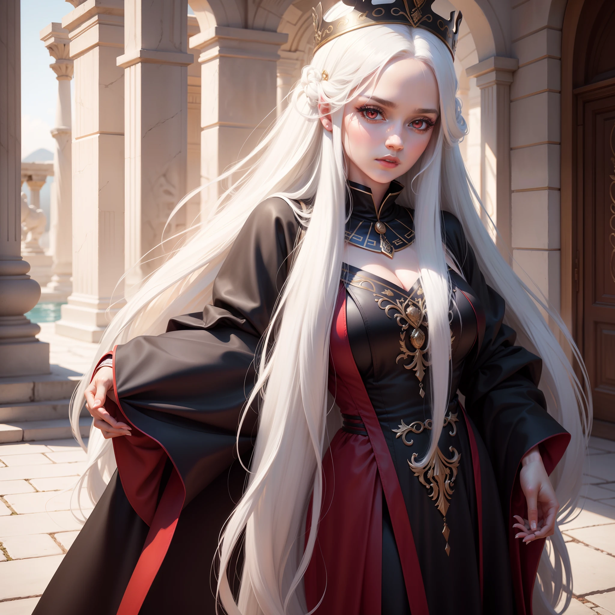 greek goddes, long white hair, red eyes, black dress, one girl, greek, art, greek art, goddes, queen, semi realistic, 8k, red eyes