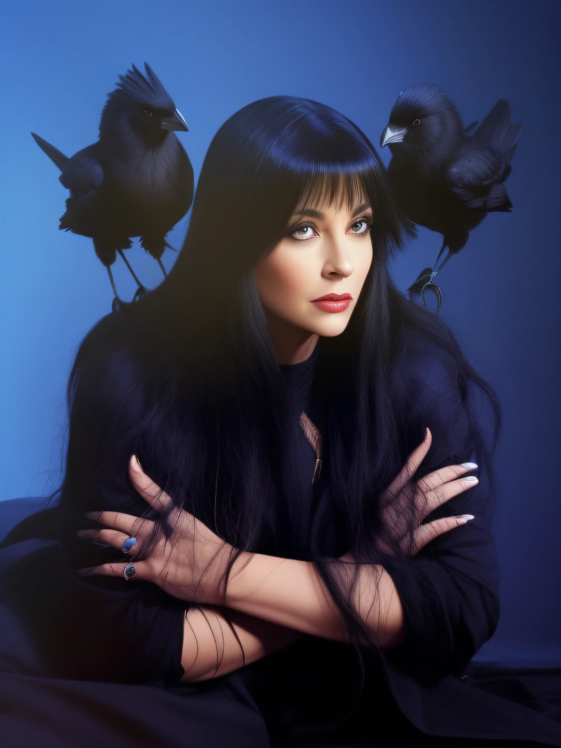 Image of a woman with long hair and two birds on her head, com seus longos cabelos pretos, Cabelos longos de corvo, Dwayne Barlowe, com longos cabelos pretos, cabelo de corvo, long flowing black hair, cabelos longos e macios e macios, clasps his bangs in one hand, Elvira com roupas esfarrapadas, com cabelos longos e olhos penetrantes