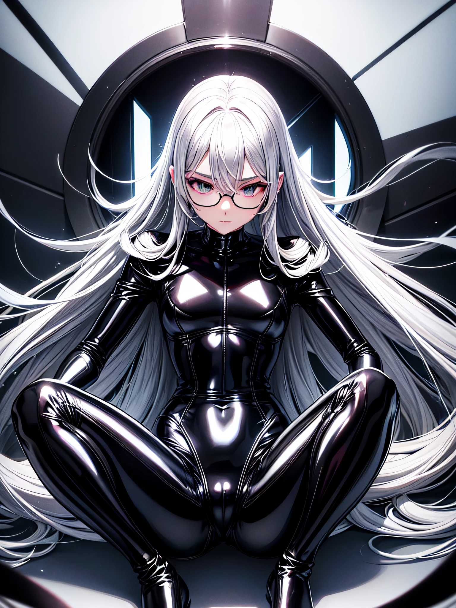 5 8K UHD、Beauty with small nose with silver hair in black shiny black full body rider suit wearing glasses sits with crotch open、Wearing a shiny black latex slider suit with hidden skin、Shiny black latex slider suit、Beautifuls with small noses sitting expressionless and with their crotches open