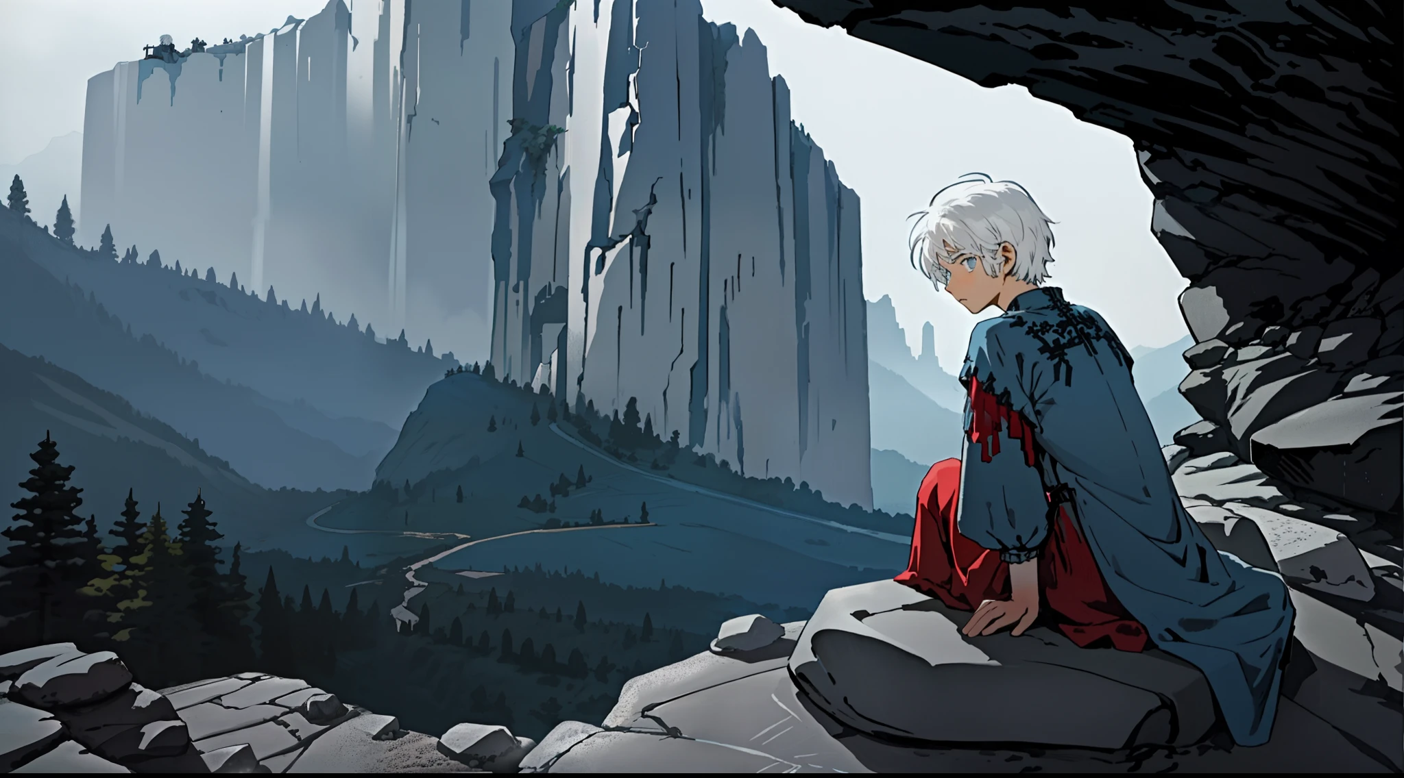 From behind, A 10 years old boy with white hair and blue eyes with very old dresses seating on top of the rocky stone and looking to foreset