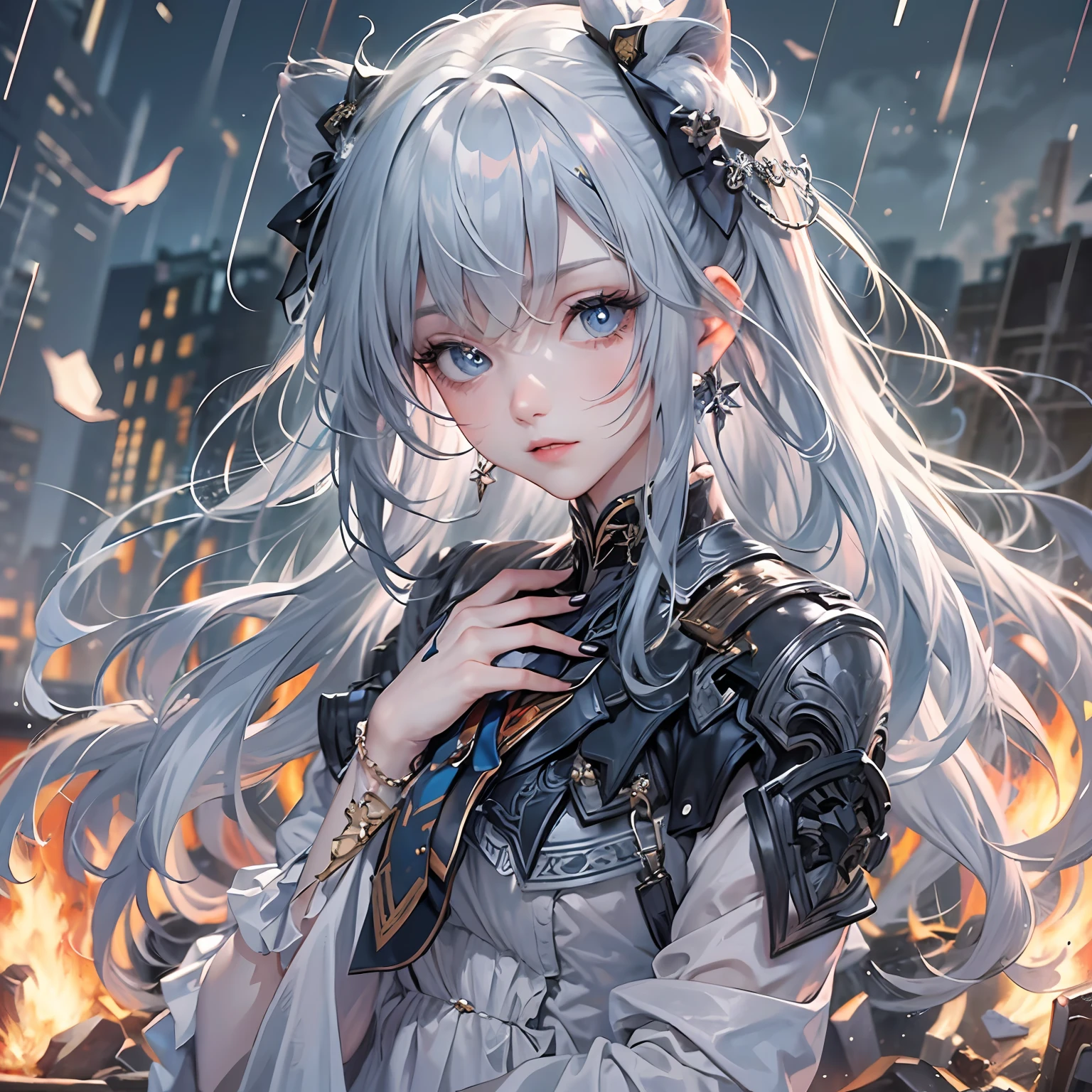 masterpiece, best quality, illustration, {beautiful detailed girl}, beautiful detailed shine, (flames of war: 1.2), (nuclear explosion behind: 1.3), rain, detailed lighting, detailed water (beautiful and detailed eyes: 1.1) , expressionless, palace, blue hair, disheveled hair, long bangs, hair between eyes, (white and gray dress: 1.1), black headband, white bow ties, abdomen, high forehead, unmoving gaze, flower, long sleeves