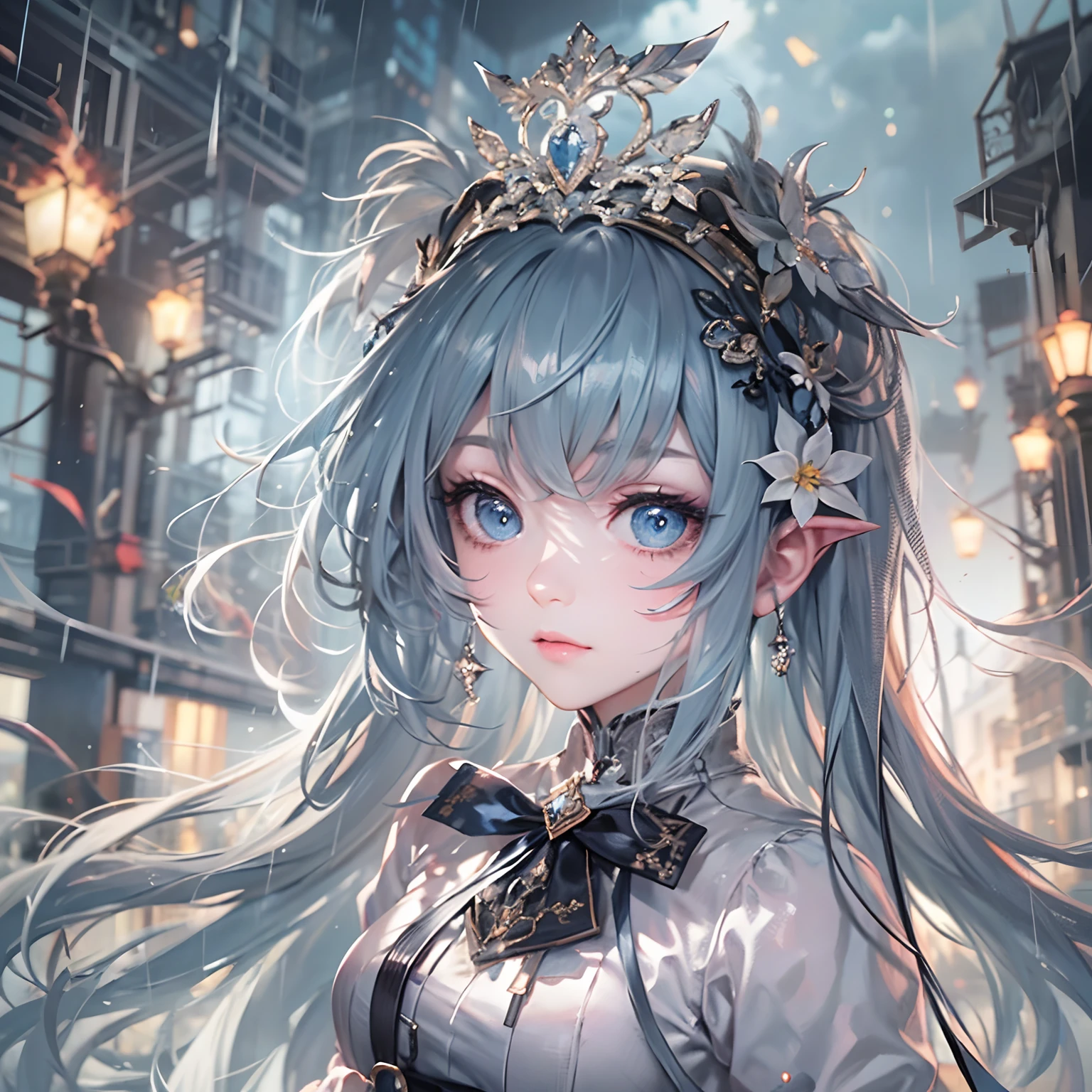 masterpiece, best quality, illustration, {beautiful detailed girl}, beautiful detailed shine, (flames of war: 1.2), (nuclear explosion behind: 1.3), rain, detailed lighting, detailed water (beautiful and detailed eyes: 1.1) , expressionless, palace, blue hair, disheveled hair, long bangs, hair between eyes, (white and gray dress: 1.1), black headband, white bow ties, abdomen, high forehead, unmoving gaze, flower, long sleeves