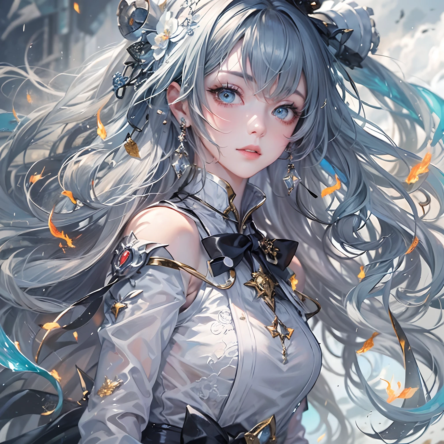 masterpiece, best quality, illustration, {beautiful detailed girl}, beautiful detailed shine, (flames of war: 1.2), (nuclear explosion behind: 1.3), rain, detailed lighting, detailed water (beautiful and detailed eyes: 1.1) , expressionless, palace, blue hair, disheveled hair, long bangs, hair between eyes, (white and gray dress: 1.1), black headband, white bow ties, abdomen, high forehead, unmoving gaze, flower, long sleeves