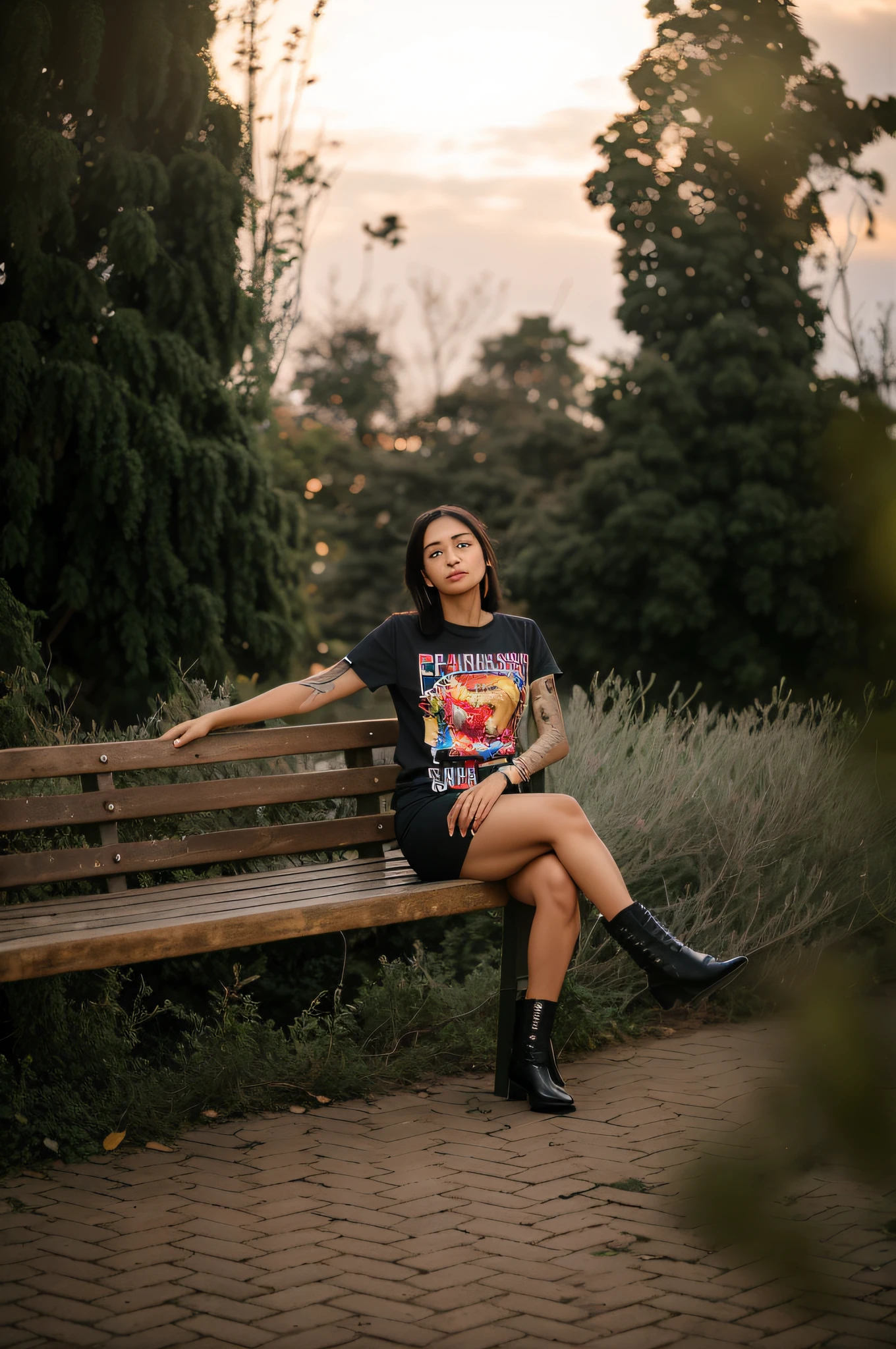 there is a woman sitting on a bench in a park, sentado em um banco de parque, sentado em um banco, Retrato no meio da foto, sentado no banco, em um parque, foto de retrato, photo taken with Sony a7R camera, em um parque da cidade, Tirada com Canon EOS 5 D Mark IV, Malika Favre, Tirada com uma Canon EOS 5D
