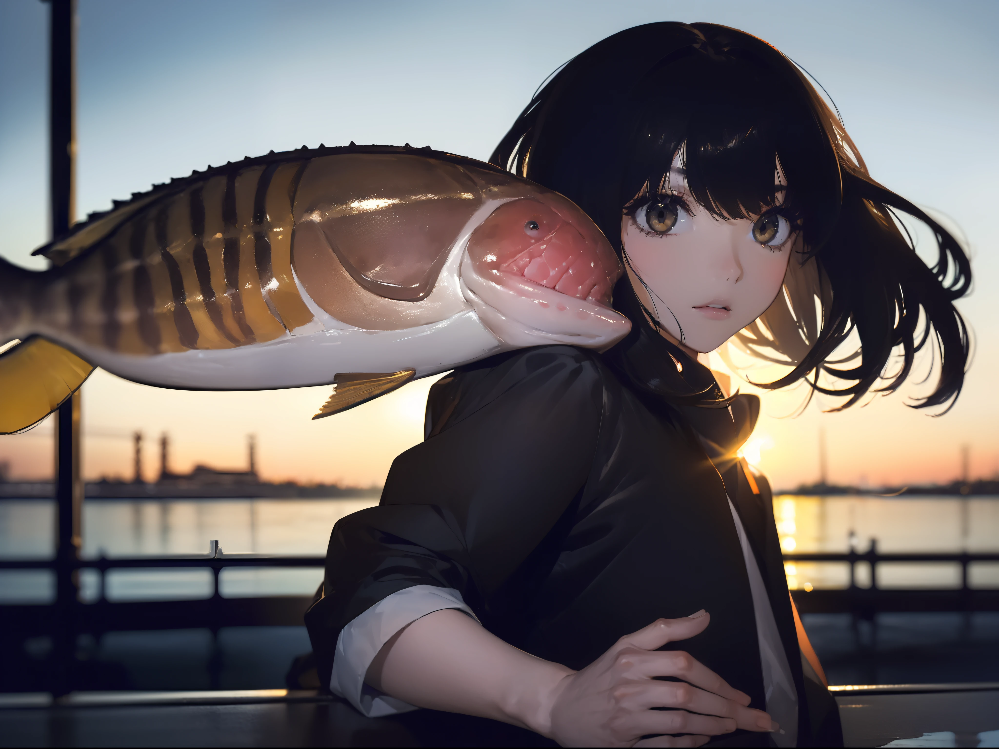 ((((Catching a big blackbass by the lakeside:1.5)))),((Best Quality, masutepiece :1.5)),(((Hands with the correct number of fingers and structure:1.4)))hight resolution,ultra-detailliert,masterpiece,best qualtiy,((1 Female 22years old)),Black hair, long eyeslashes, Solid Circle Eyes, deadpan, drop shadow, Atmospheric perspective,Super Detail, ccurate, small brest,(Black jacket :1.1),top-quality, blurry backround, bokeh dof:1.2, (masterpiece:1.3), Atmospheric perspective,Super Detail,dynamic compositions