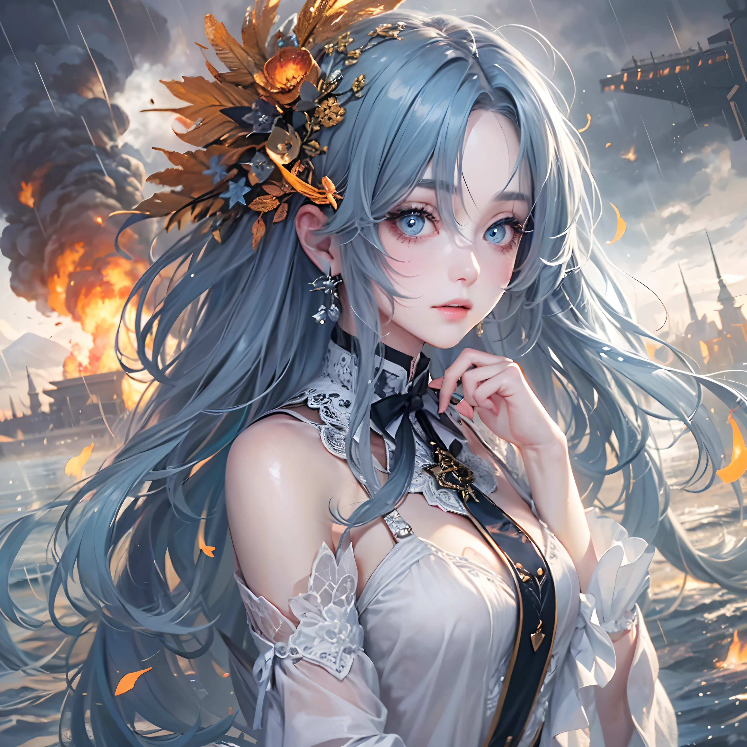 masterpiece, best quality, illustration, {beautiful detailed girl}, beautiful detailed shine, (flames of war: 1.2), (nuclear explosion behind: 1.3), rain, detailed lighting, detailed water (beautiful and detailed eyes: 1.1) , expressionless, palace, blue hair, disheveled hair, long bangs, hair between eyes, (white and gray dress: 1.1), black headband, white bow ties, abdomen, high forehead, unmoving gaze, flower, long sleeves