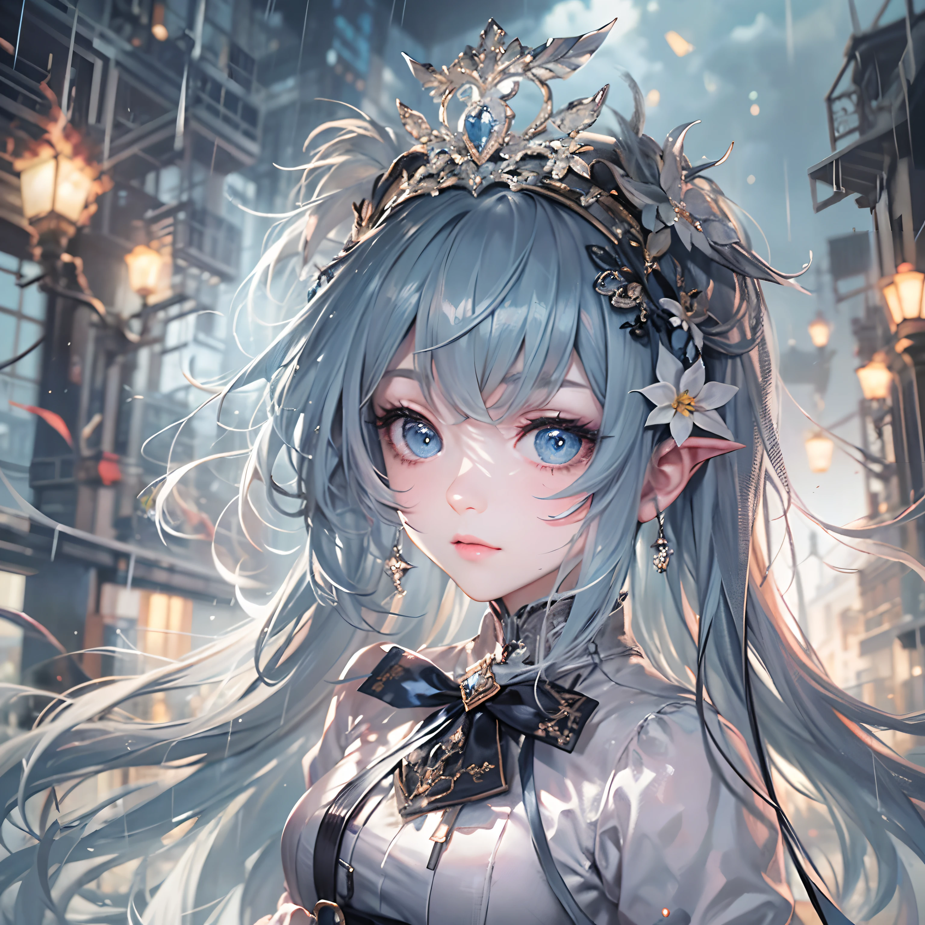 masterpiece, best quality, illustration, {beautiful detailed girl}, beautiful detailed shine, (flames of war: 1.2), (nuclear explosion behind: 1.3), rain, detailed lighting, detailed water (beautiful and detailed eyes: 1.1) , expressionless, palace, blue hair, disheveled hair, long bangs, hair between eyes, (white and gray dress: 1.1), black headband, white bow ties, abdomen, high forehead, unmoving gaze, flower, long sleeves
