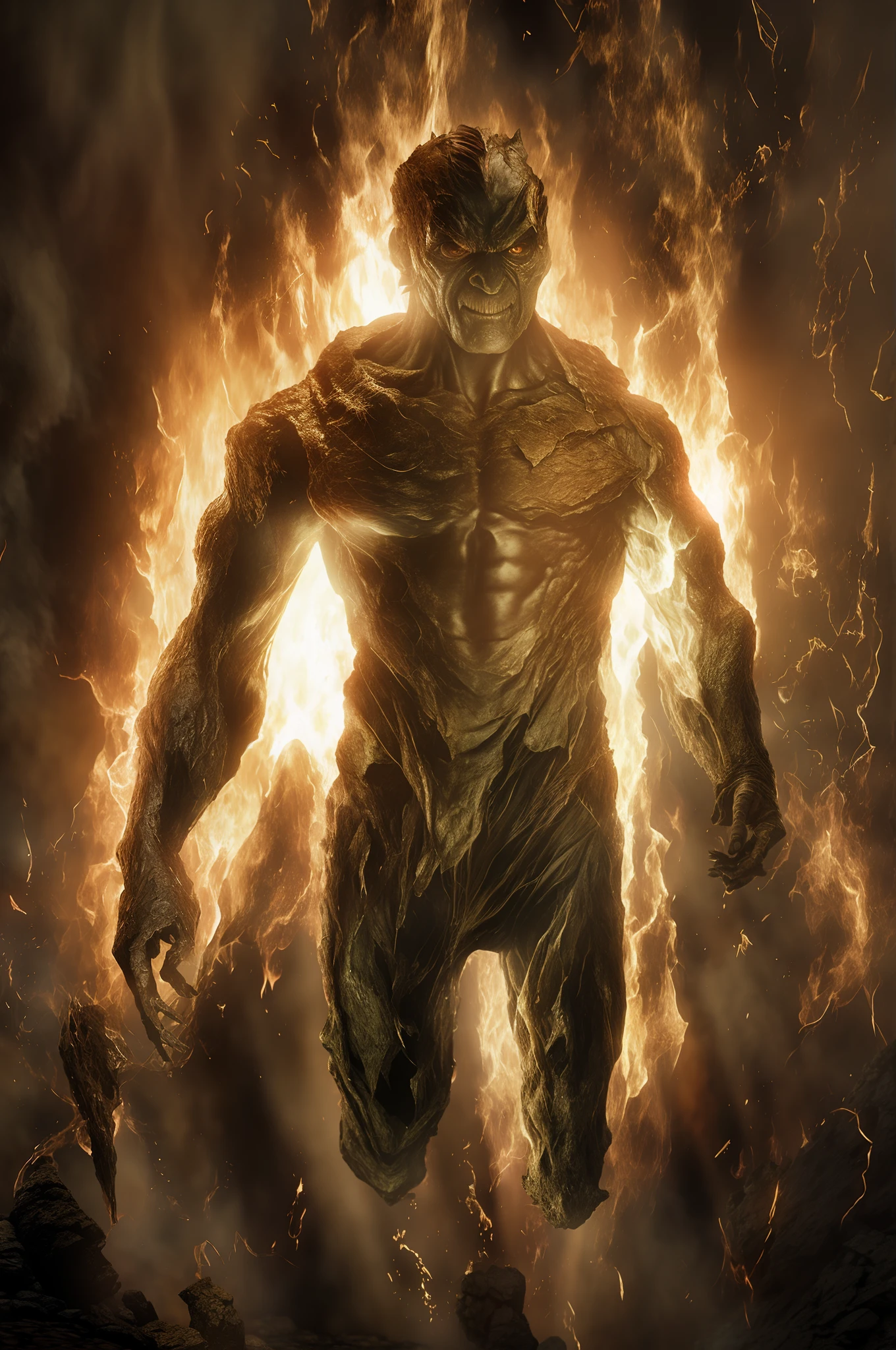 There's a man who's running through a fire, pintura digital. octan render, inferno hiper-realista, muscled humanoid balrog demon, Pintura abstrata do homem em chamas, corpo feito de fogo, zumbi na arte conceitual do terror, octan renderizar hdr, Criatura de Golem de Fogo, ((((octan render, octano render aesethic, amazing octane render