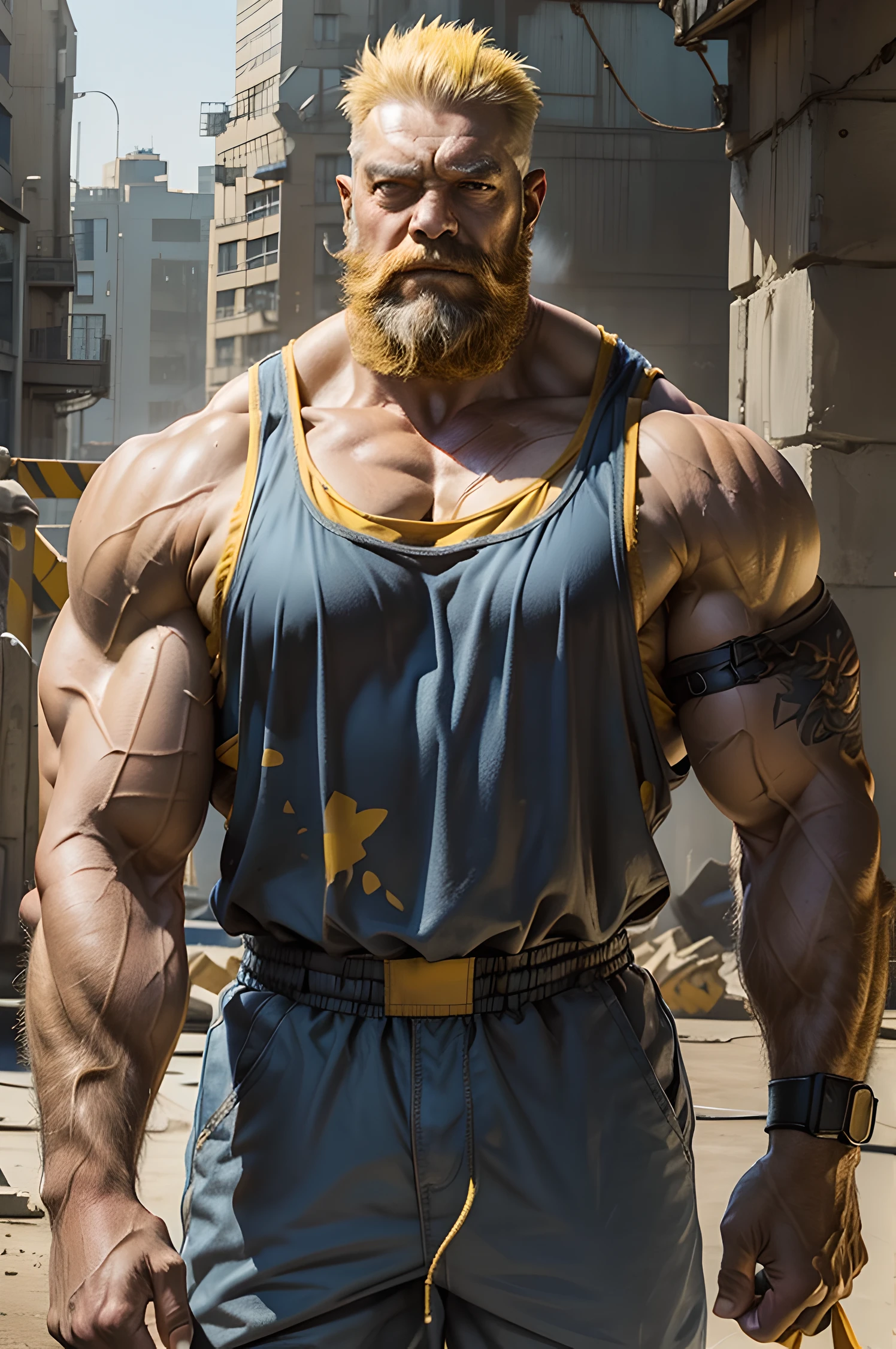 A huge muscular old man walking on construction site he shouldered a heavy iron, he wear safety helmets and wear tank top, (old man (huge muscular, big arm, big chest, big pec, big bicep, extremely detailed muscle, short hair, bearded, yellow hair))