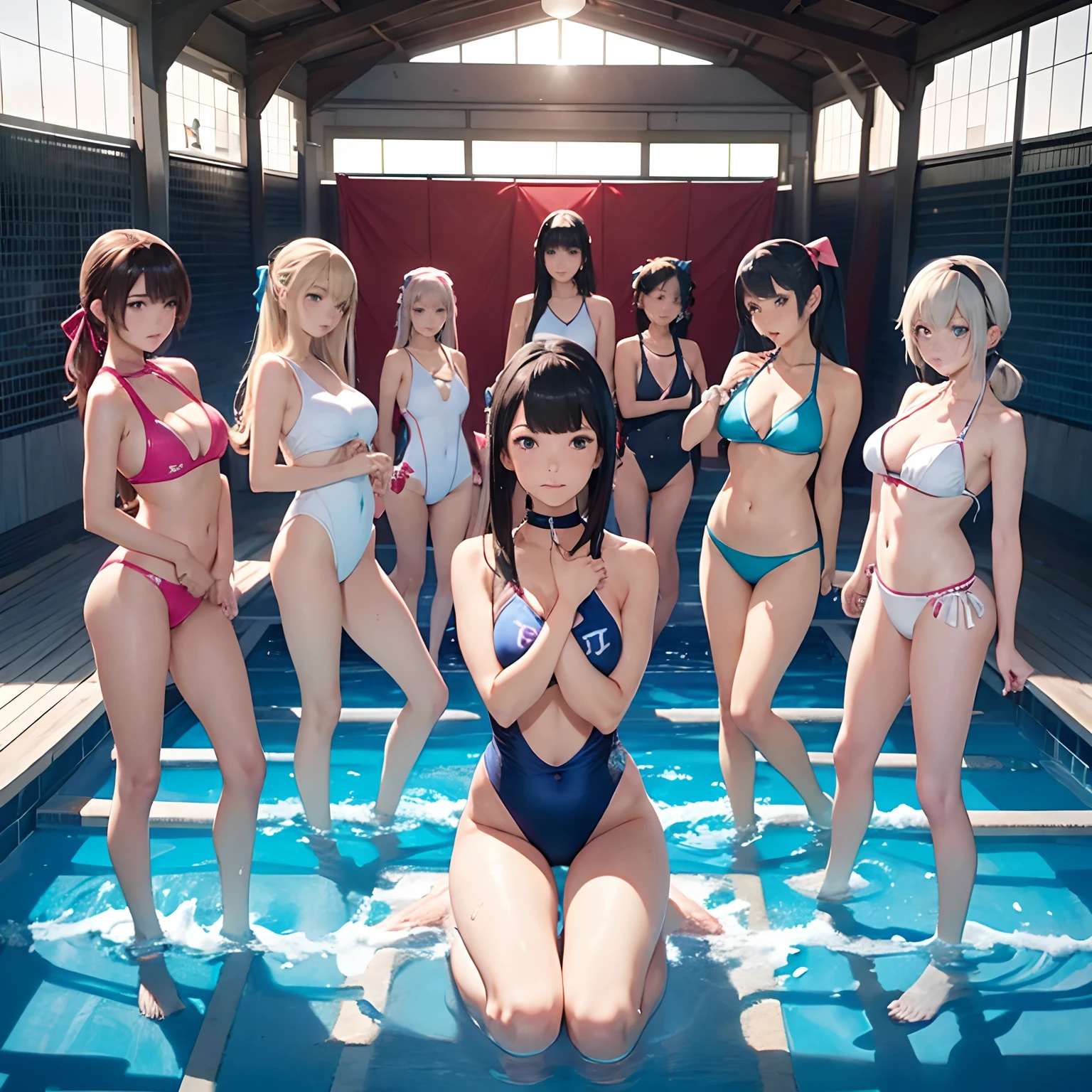 NSFW、(4+girls:1.5), (alternate athlete swimsuit pool), oil, line up, girls in row, crowd, looking at viewer,masterpiece、top-quality、The ultra -The high-definition、Top resolution、ighly detailed、profetional lighting、pretty skin、CG Illustration、thin、a very cute、Young face、cleavage of the breast、underbust、a wet body, (breasts out:1.4), A dark-haired、semi long hair、Hair Ribbon、blue eyess、red blush、(Sit on the ground:1.1)、(opening legs:1.1)、raise her legs、 a navel、frombelow、a wet body、(breasts out:1.4)、(Plastic bag 1.2)、Transparent swimwear、 swimming pools、 (the wind:1.3)、The crotch and chest of the swimsuit are torn、Persona 5 Style、Kasumi Yoshizawa、Yoko Asagiri、yuzuriha、Makoto Niijima、Sakura Futaba、Chieda Richu、Rise Kujikawa、Aegis、ann takamaki、Haru Okumura、high-level image quality、poneyTail、Bangs ponytail、、Smooth thighs、Patsun、top-quality、The ultra -The high-definition、Fine eyes、Slender legs、Fine and beautiful eyes、blue hairs、Platinum pink hair、A dark-haired、platinum-blonde-hair