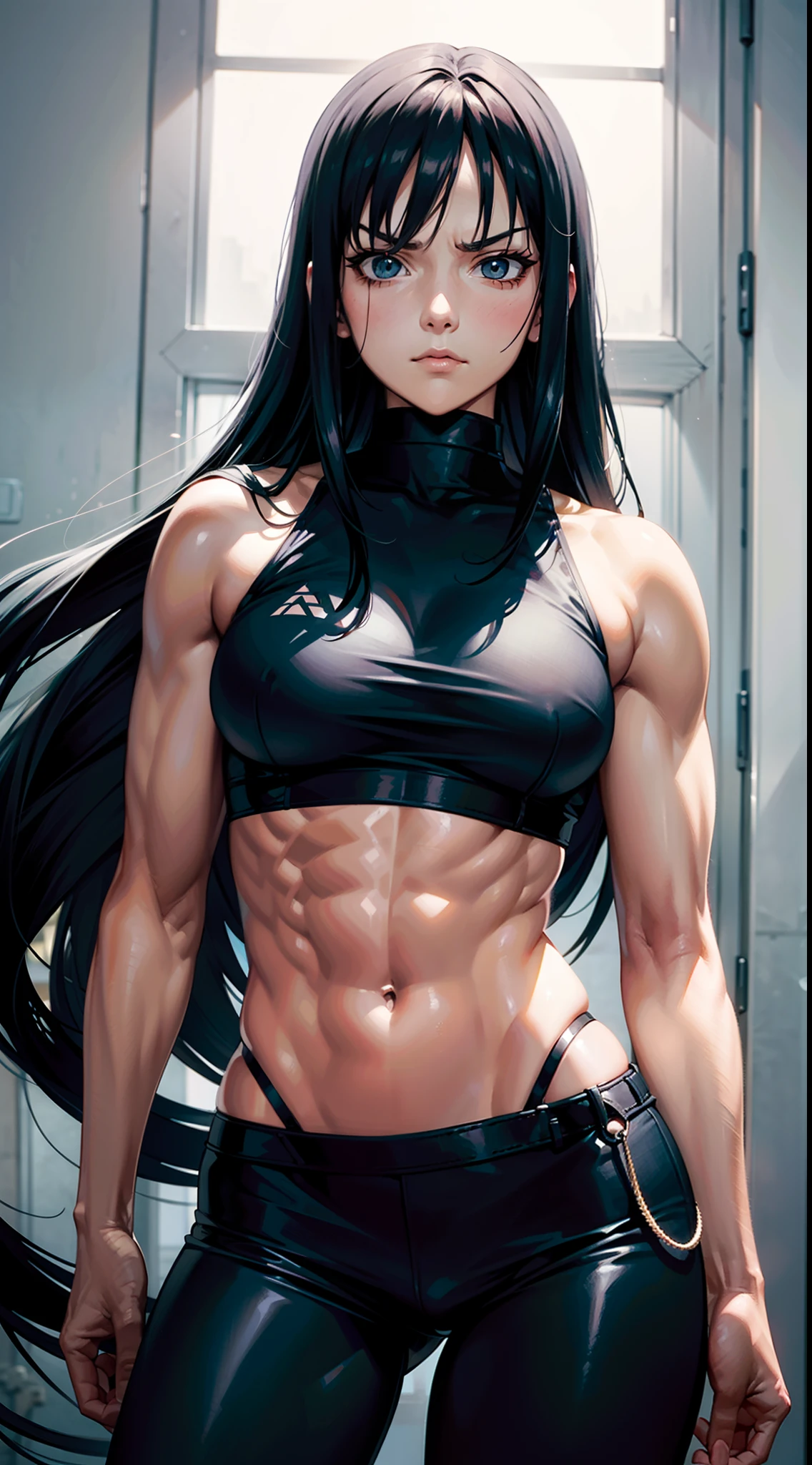 An illustration of a white woman with long black hair, usando uma roupa jounin do anime Naruto, corpo musculoso, Muscle, forte, corpo forte, bodybuilder, olhos brancos, murderous expression, solo, age group 25 years, uniforme de kirigakure no sato, madura. Illustration inspired by: Masashi Kishimoto. Temperatura de cor: Tons Cool. face expression: Serious. The lighting: macio, luz difusa. atmosfera: Intenso e determinado.--v 5 --estilize 1000 --niji 5