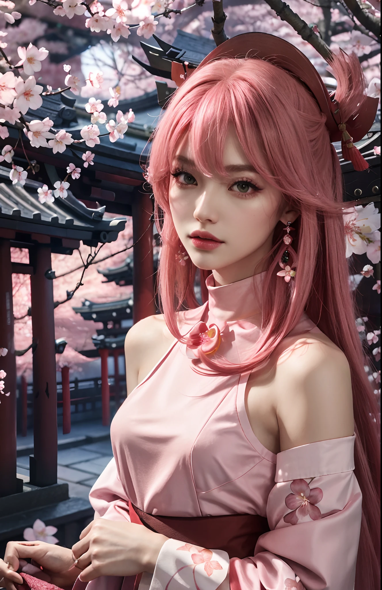 (Masterpiece, Superb Style, 1Girl, Solo, Intricate Details, Color Aberration), Realism, ((Medium Breath)), Bare Shoulders, Long Pink Hair, Red Headgear, Red Highlight, Hair Above One Eye, Green Eyes, Earrings, Sharp Eyes, Perfect Symmetrical Figure, Choker, Neon Shirt, Open Jacket, Turtleneck, Against Wall, Brick Wall, Graffiti, Dim Lighting, Alley, Looking at the Audience, ((Mean, Seductive, Glamorous)), (((Cherry Blossom Background))), (( Japanese temple background))), (((luminous background)))
