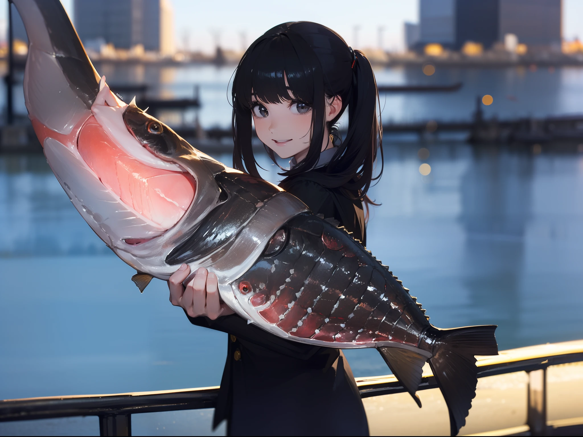 ((((Catch a big black bass by the lake:1.5)))),((Best Quality, masutepiece :1.5)),(((Hands with the correct number and structure of fingers:1.4)))hight resolution,ultra-detailliert,​masterpiece,best qualtiy,((1 Female 22 years old)),Black hair, long eyeslashes, Solid Circle Eyes, Smiling Woman, drop shadow, Atmospheric perspective,Super Detail, ccurate, small brest,(Black jacket :1.1),top-quality, blurry backround, bokeh dof:1.2, (​masterpiece:1.3),  Atmospheric perspective,Super Detail,dynamic compositions
