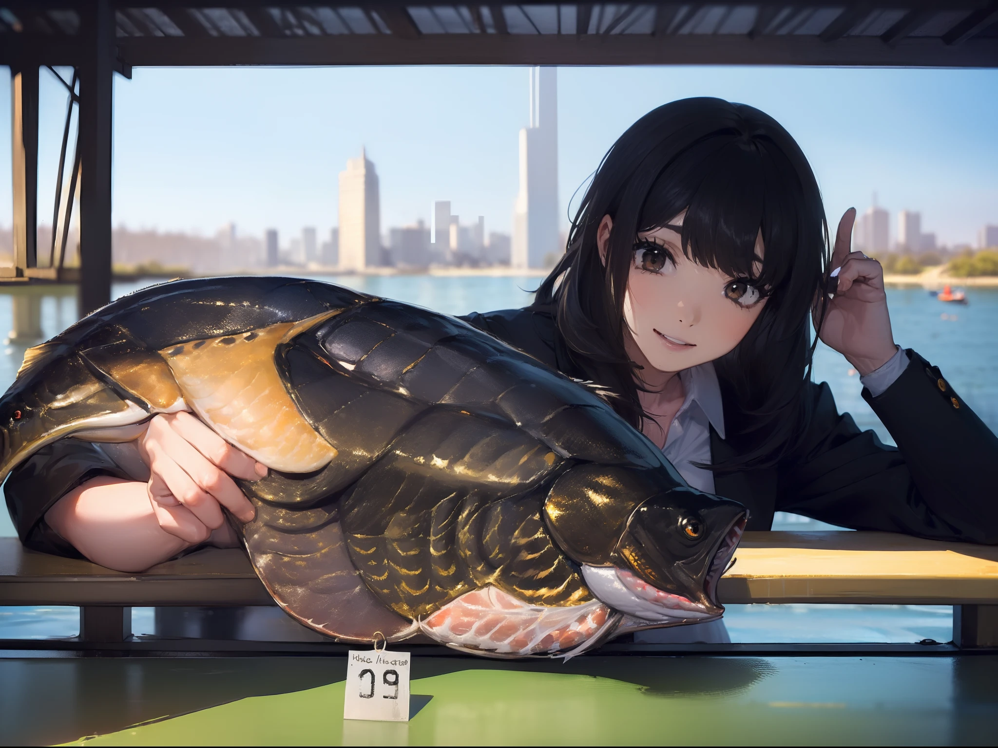 ((((Catch a big black bass by the lake:1.5)))),((Best Quality, masutepiece :1.5)),(((Hands with the correct number and structure of fingers:1.4)))hight resolution,ultra-detailliert,​masterpiece,best qualtiy,((1 Female 22 years old)),Black hair, long eyeslashes, Solid Circle Eyes, Smiling Woman, drop shadow, Atmospheric perspective,Super Detail, ccurate, small brest,(Black jacket :1.1),top-quality, blurry backround, bokeh dof:1.2, (​masterpiece:1.3),  Atmospheric perspective,Super Detail,dynamic compositions