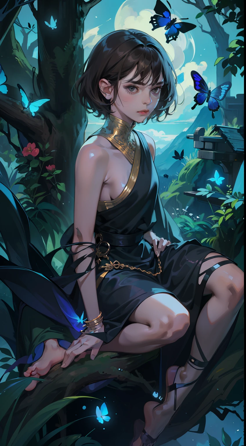 ((Superior quality, portraits, masterpieces, wallpapers 8K: 1.3)), (1 girl) with short wavy brown hair (((SHORT HAIR))), obsidian-like black eyes (((BLACK EYES))), (((ANNOYING, SERIOUS LOOK))) sitting on a branch of a mouse tree, bioluminescent blue butterflies, dark hour, perfect shadows and reflections of the moon on the scene. black dress covered, dark clothes of MOURNING, CLOTHES COVERING THEIR SKIN, TUNIC. (((PORTRAIT)))