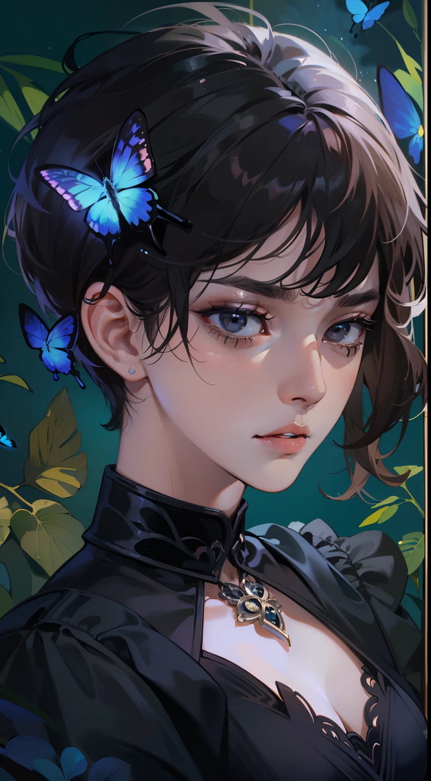 ((Superior quality, portraits, masterpieces, wallpapers 8K: 1.3)), (1 girl) with short wavy brown hair (((SHORT HAIR))), obsidian-like black eyes (((BLACK EYES))), (((ANNOYING, SERIOUS LOOK))) sitting on a branch of a mouse tree, bioluminescent blue butterflies, dark hour, perfect shadows and reflections of the moon on the scene. black dress covered, dark clothes of MOURNING, CLOTHES COVERING THEIR SKIN, TUNIC. (((PORTRAIT)))