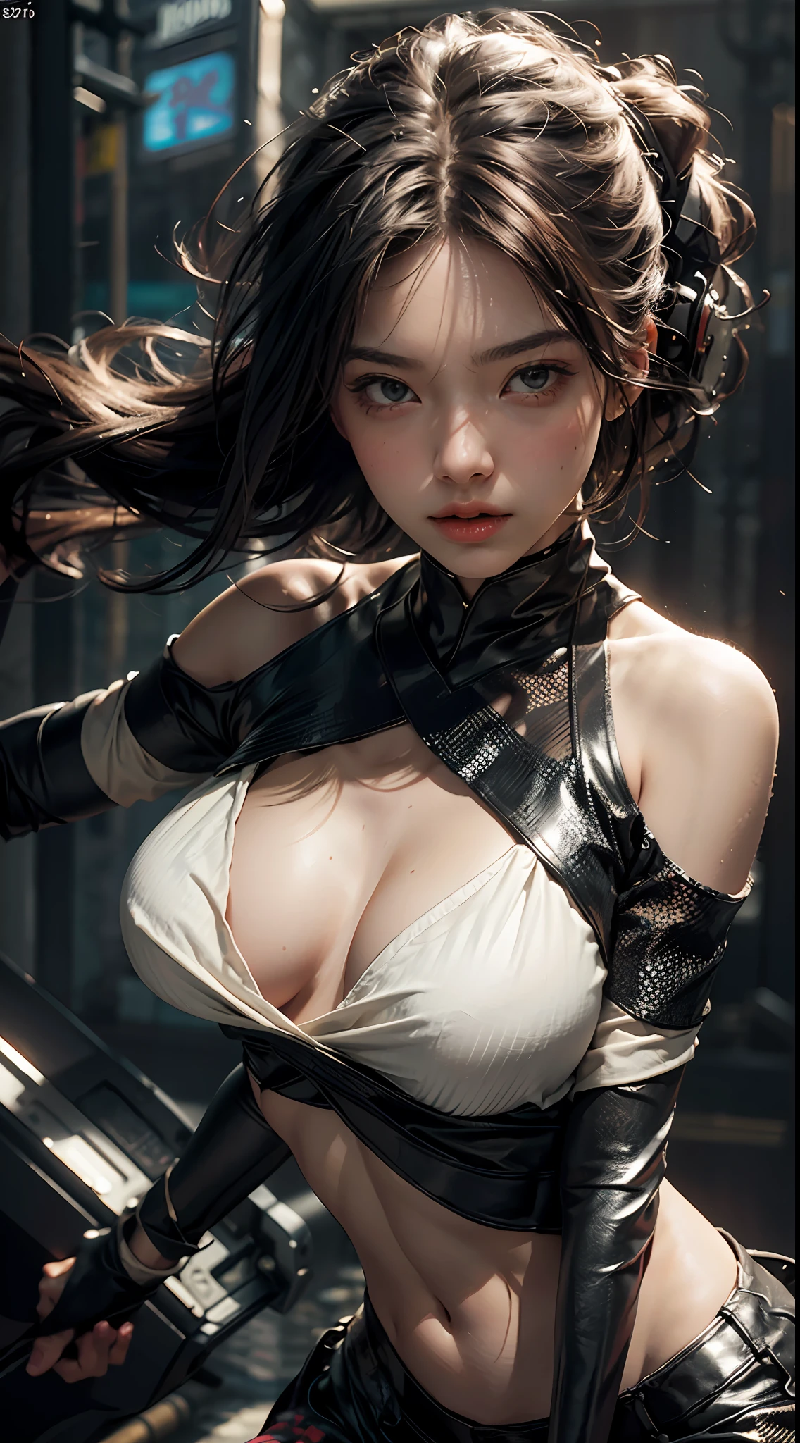 Best Quality, Masterpiece, Ultra High Resolution, (Realisticity: 1.4), Original Photo, 1girl, Bare Shoulder, Cinematic Lighting, (Upper Body: 1.5), (Battle Stance), Big Bust (D)