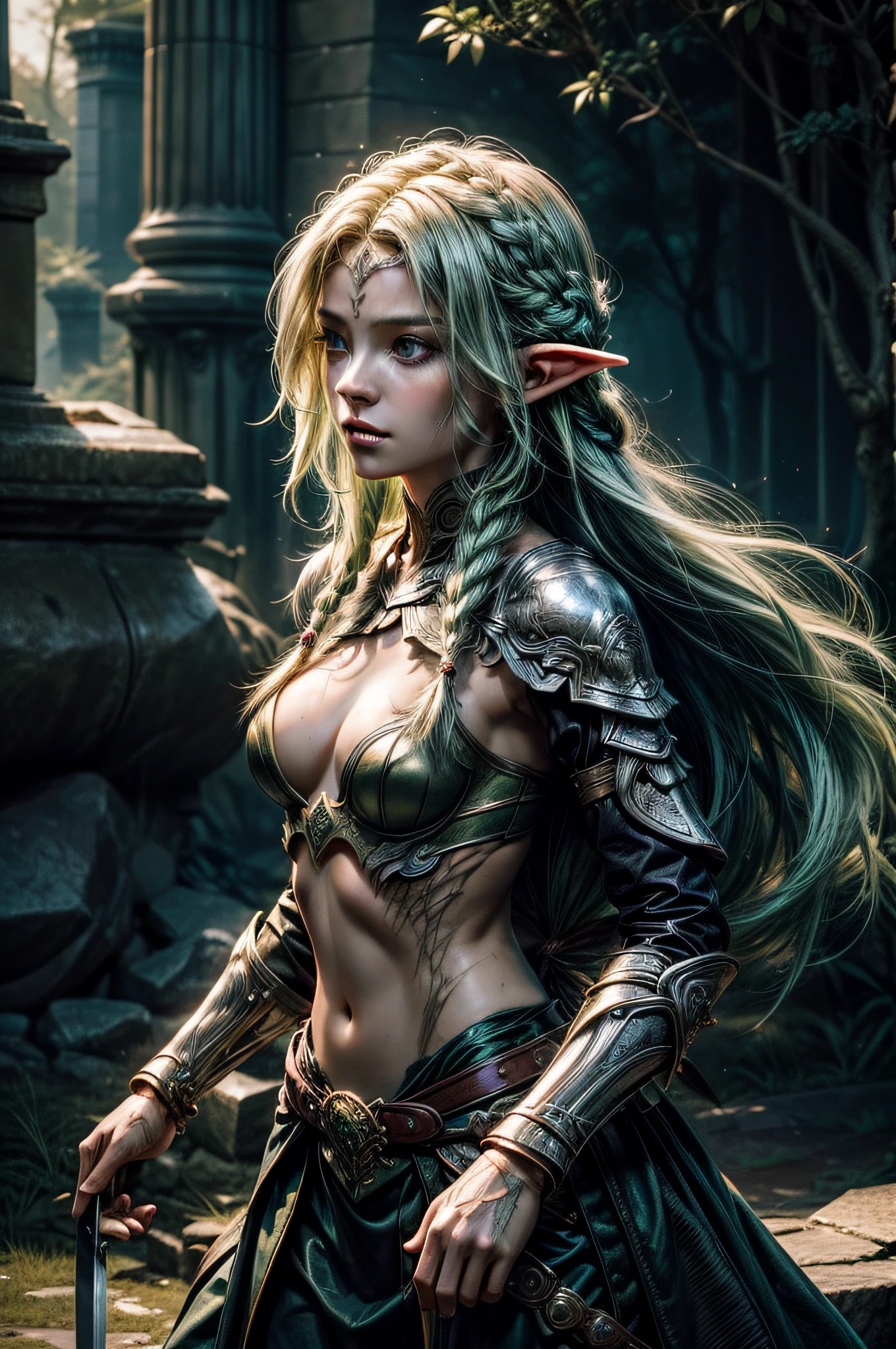 1girl, ((medium chest)), (cut abdomen: 1.1), (perfect body: 1.1), (long straight hair: 1.2), ((braided long green hair)), ((Green eyes)) ((eyes emitting a green glow)), full body, elf, dark skin, wearing ancient leather clothing sewn and beaten extremely detailed and with rich details, body with many scars highlighted and detailed, image depicting an elven warrior post battle some scratches, marks on the body, expression very serious and concentrated wandering the bank of the river. (((Huge, overly detailed and heavily battle damaged sword))). (extremely detailed 8k CG wallpaper), (extremely delicate and beautiful), (masterpiece), (best quality: 1.0), (ultra high resolution: 1.0), beautiful lighting, perfect lighting, realistic shadows, [high resolution ], detailed skin, ((skin texture)), super detailed