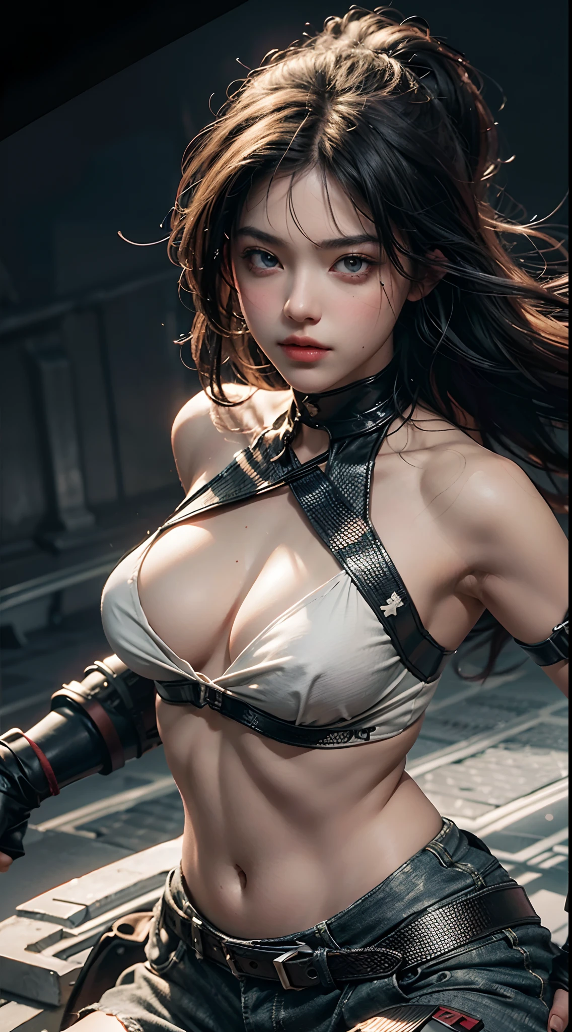 Best Quality, Masterpiece, Ultra High Resolution, (Realisticity: 1.4), Original Photo, 1girl, Bare Shoulder, Cinematic Lighting, (Upper Body: 1.5), (Battle Stance), Big Bust (D)