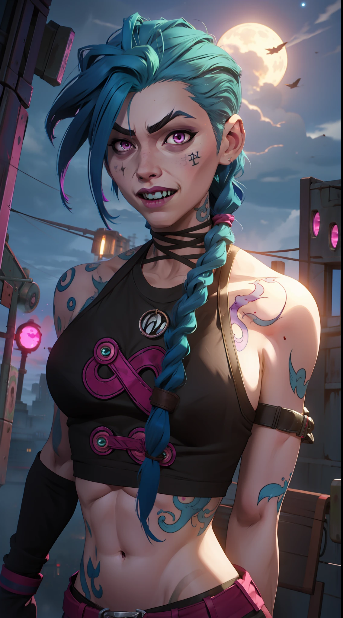 score_9, score_8_up, score_8,  bright neon lights, loose top, asymetric cut, white top, tight blue shorts, long legs, large breasts, smile, perfect face, ultra detailed, cinematic lighting, seductive pose, exposed breasts, toned body, jinx from league of legends, close up, focus on breasts, grabbing breasts