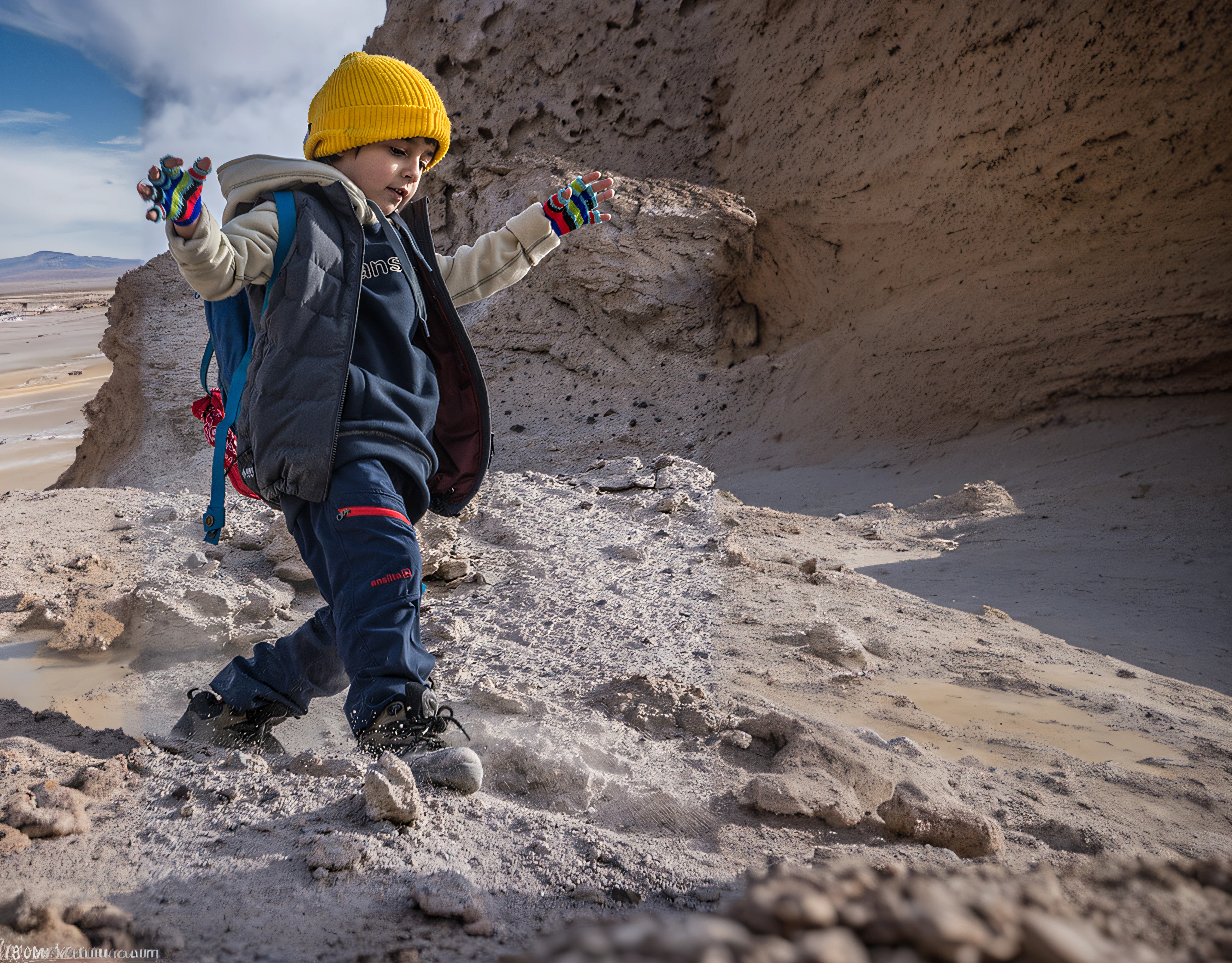 There is a boy walking down a hill with a backpack, de pie en un suelo rocoso, levantando tierra, en el desierto de roca seca, Finnian in the grungerock alien sky, Many mud puddles and craters, escalada, Trecking, En el Salar de Uyuni, En Salar de Uyuni, exploration, De pie sobre un paisaje marciano, explorar