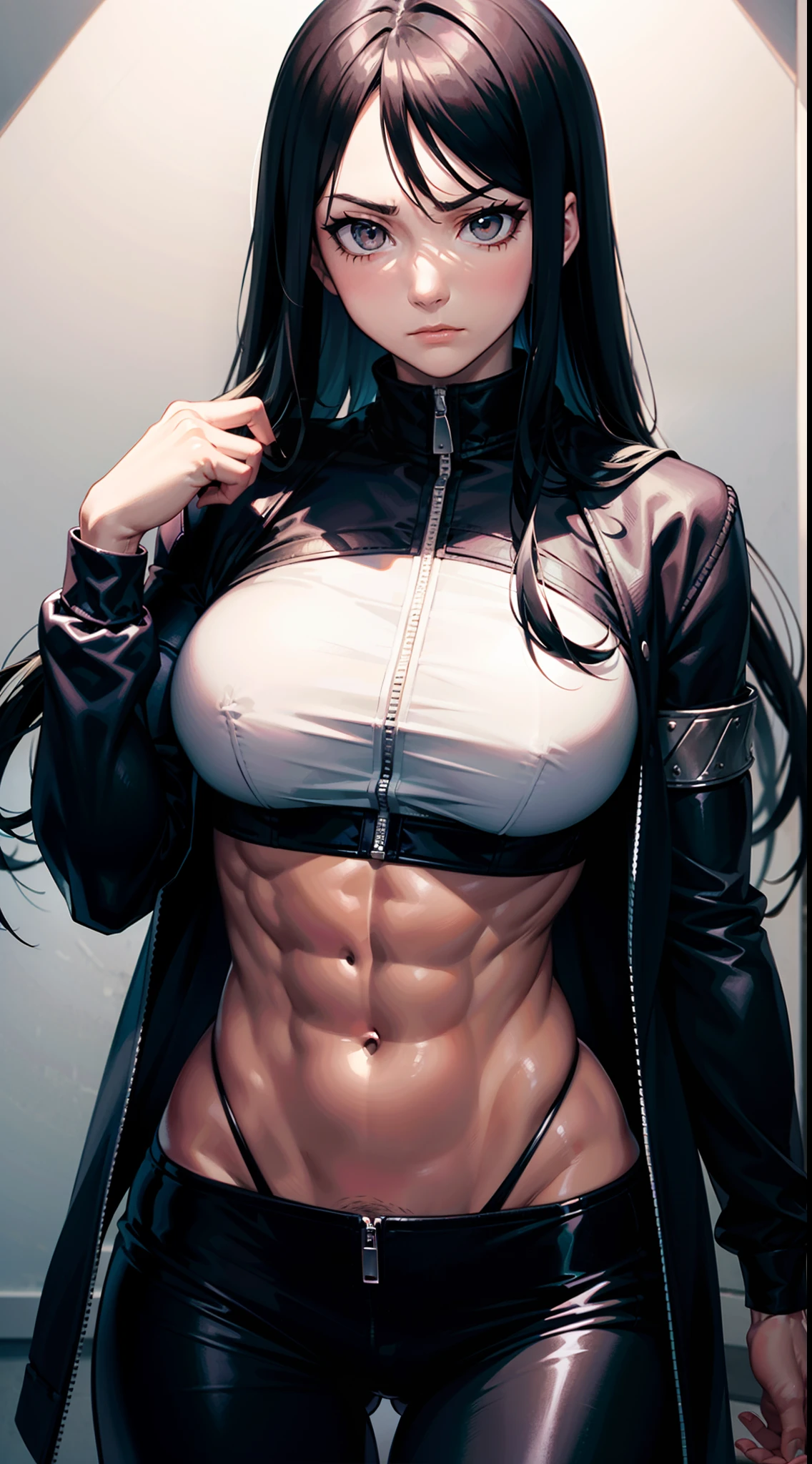 An illustration of a white woman with long black hair, usando uma roupa jounin do anime Naruto, roupa preta, corpo musculoso, Muscle, forte, corpo forte, bodybuilder, olhos brancos, murderous expression, solo, age group 25 years, a sword in each hand. Illustration inspired by: Masashi Kishimoto. Temperatura de cor: Tons Cool. face expression: Serious. The lighting: macio, luz difusa. atmosfera: Intenso e determinado.--v 5 --estilize 1000 --niji 5