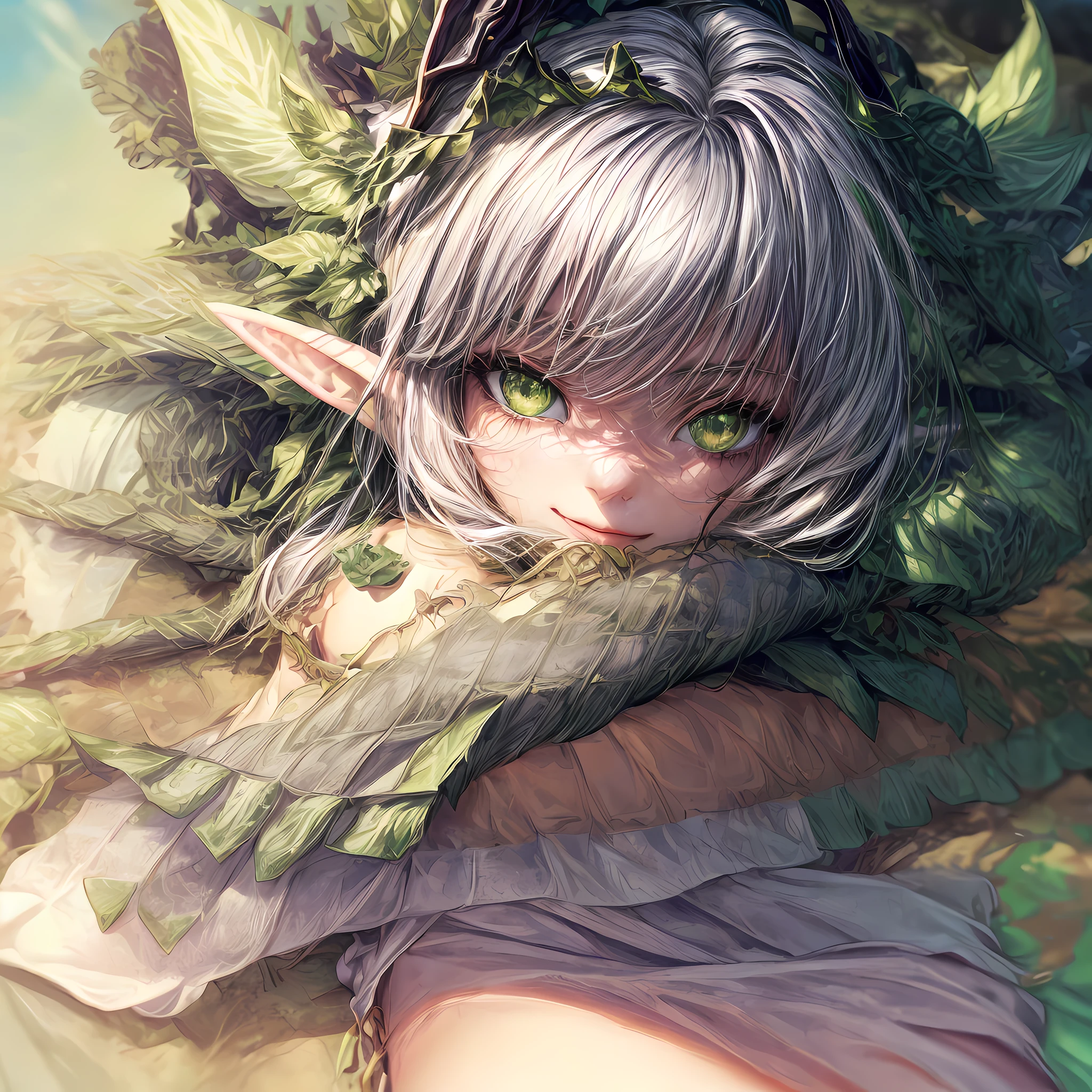 The elf is lying on the bed, is looking at the camera, white colored hair, green colored eyes, The chest rests on the bed, little chest, Volume, Juicy ass, Close-up of a person, lying, Elf Girl, 8k Graphics High-quality detailed graphics, ((Masterpiece, Top Quality, accuracy, super detaill)))), (lightweight, long braid), (Large glowing dark green eyes), ((big)), (Gentle wind), Smile, ((Wide Field))), (((frontal view))), breeze, Dynamic Angle, leaning, stick out ass, ((sexuality)), ((elf ears)), Beautiful ears, fentezi, (SFW), ((NSFW)), Naked,