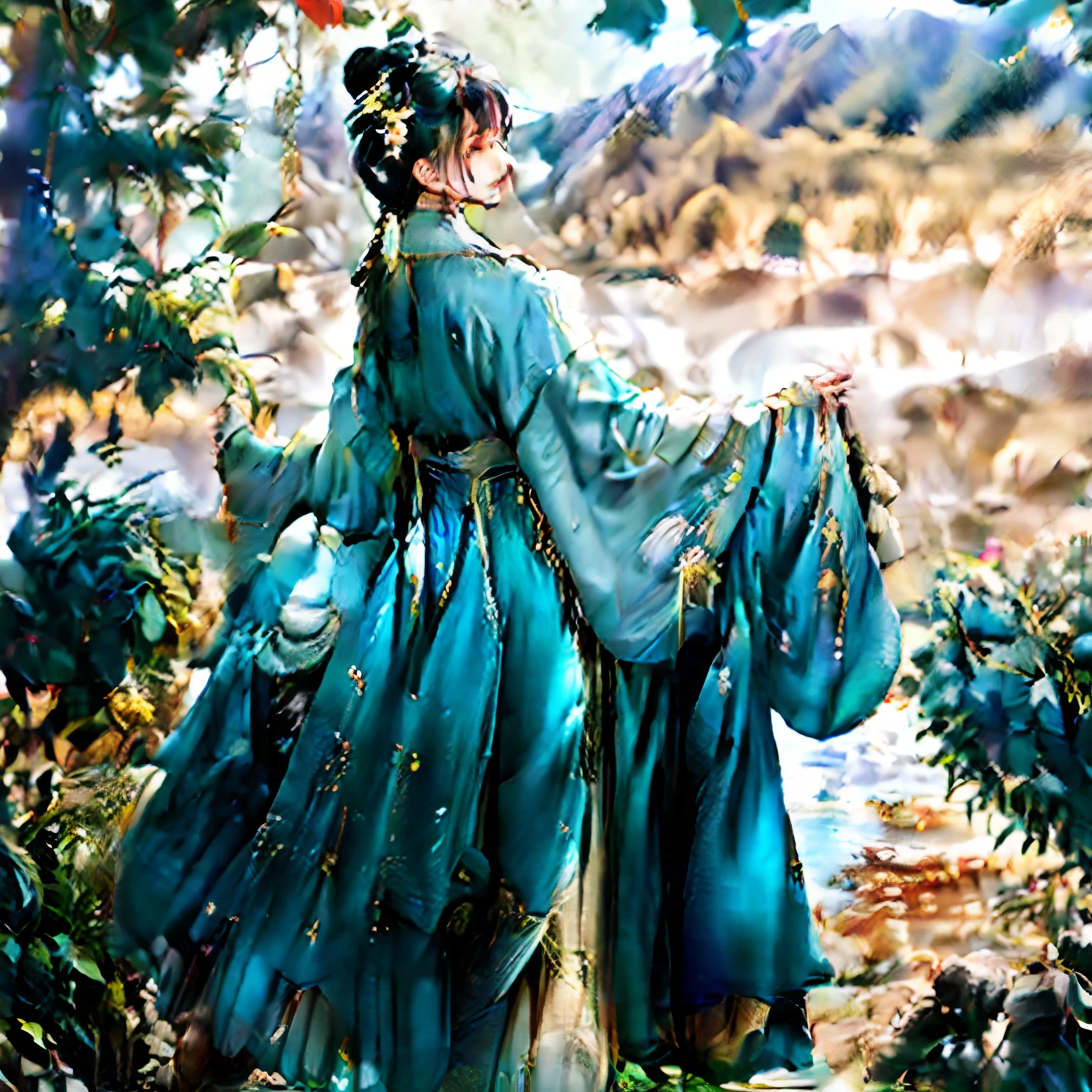 Blue-gold pupils,Green set with gold hanfu,Cute girl,Back basket,Medicinal collection,Auspicious clouds,Sunset,mountain stream