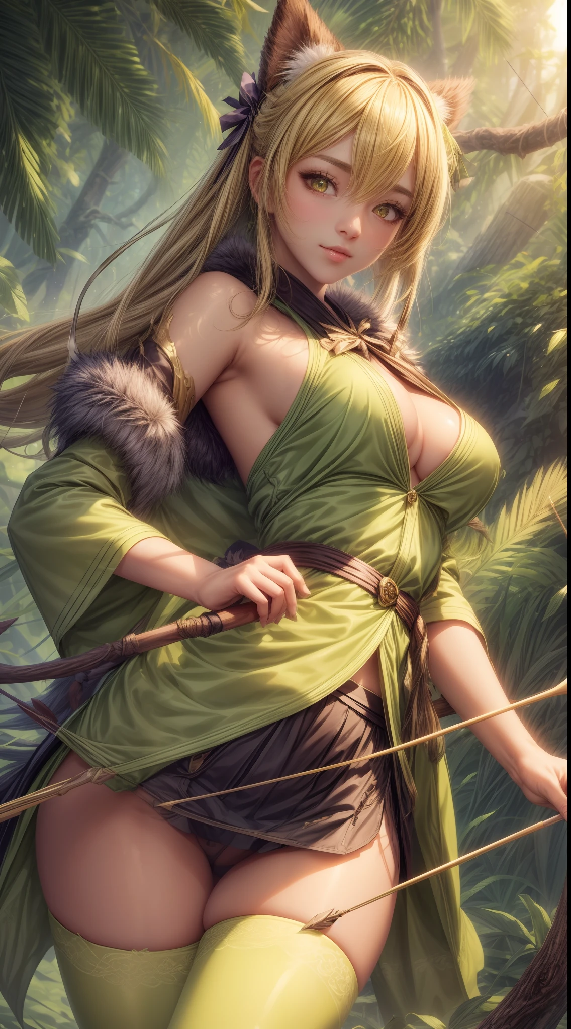 ranger girl in bright lime green kimono jacket and skirt with bow and arrows, satin, fur, (stockings), decollete, natural breasts, slim body, zettai ryouiki, medium length hair, beautiful detailed golden eyes, portrait, most realistic, highest quality, best pixels, 8k ultra