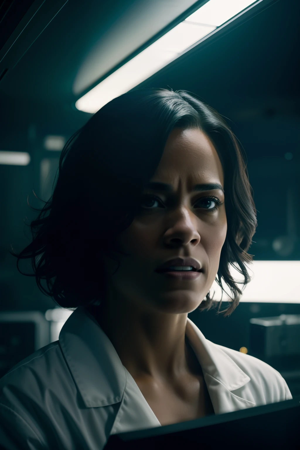 Sci Fi Horror Paula patton as a scientist working on Ishimura Haunted Ship photography, natural light, photorealism, cinematic rendering, ray tracing, the highest quality, the highest detail, Cinematic, Third-Person View, Blur Effect, Long Exposure, 8K, Ultra-HD, Natural Lighting, Moody Lighting, Cinematic Lighting