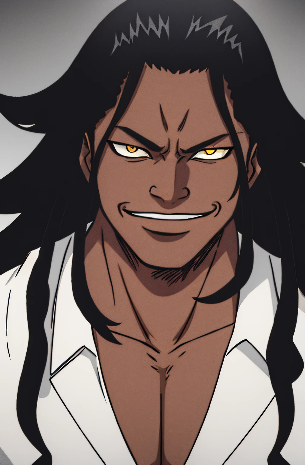 1boy, wanostyle, smiling, looking at viewer, solo, upper body, ((masterpiece)), (best quality), (extremely detailed), depth of field, sketch, dark intense shadows, sharp focus, soft lighting, hdr, colorful, good composition, ice all around, spectacular, closed shirt, anime screencap, scar over right eye, ready to fight, golden eyes, older man, dark black skin, black skin, ebony, frizzy hair, black hair, long hair