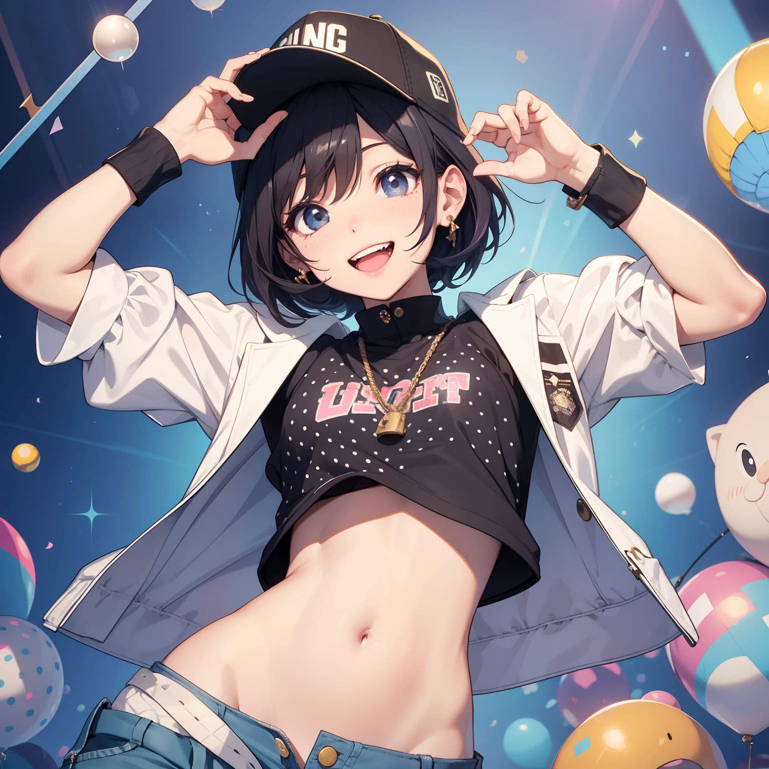 top-quality、1 boyish woman、Shining eyes、Dive from the sky、Hip-hop attire、shortpants、Iridescent polka dots background、Fibonacci、Smile with mouth wide open