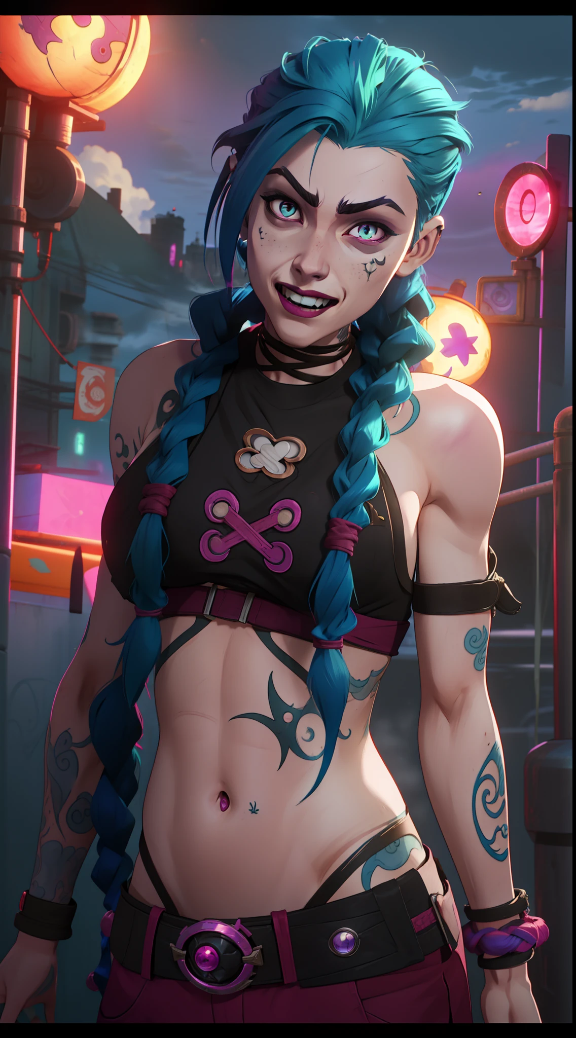 (anime) . ((arcane style), Female (woman), (arm tattoo), (asymmetrical bangs), bangs, (blue hair), braid, (brown shirt), (cloud tattoo), (looking at viewer), laughing, crazy, (uncontrollable laugh), (mad look), night, city, (green hair), (long hair), midriff, (pink eyes), (red lips), shirt, solo, standing, tattoo, (twin braids), (upper body), (arcane jinx), ((Jinx)) \(league of legends\), 4k)