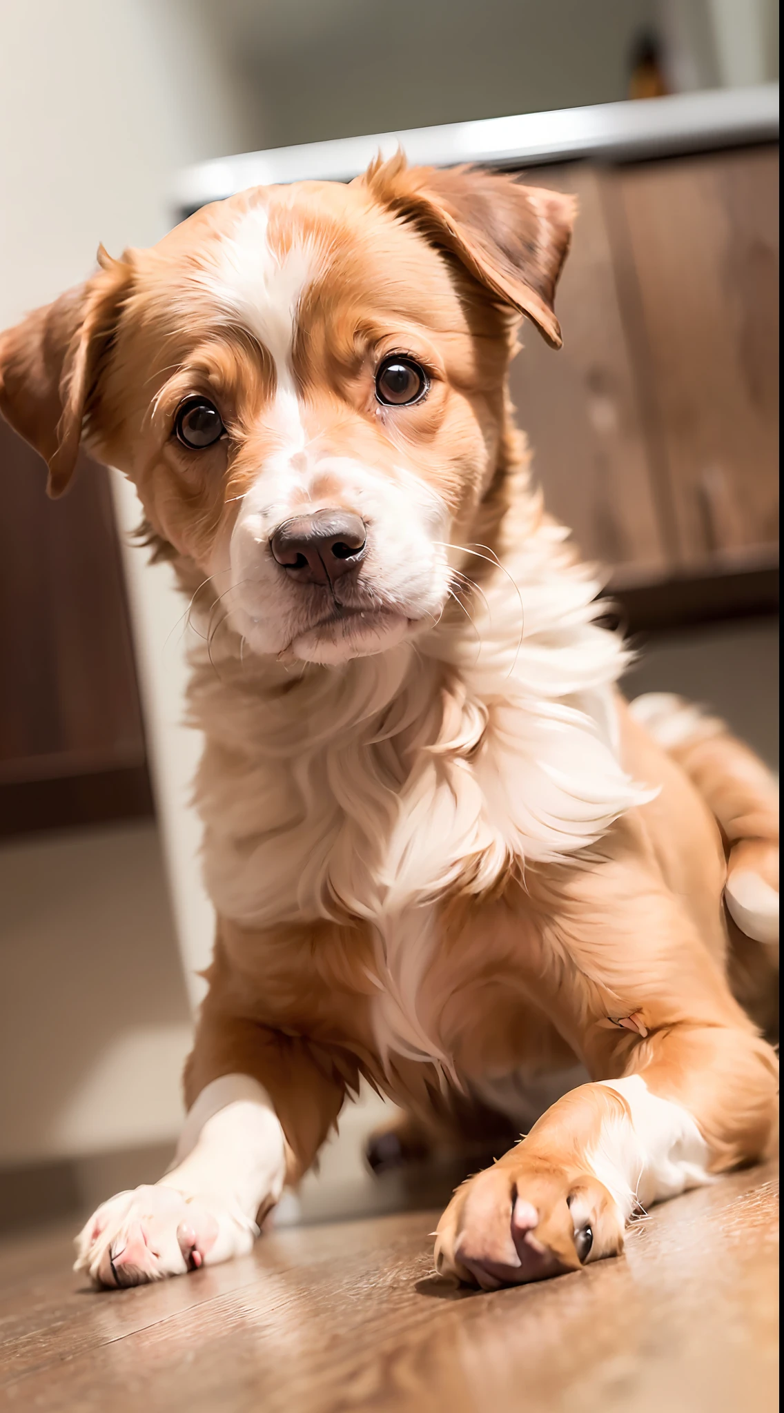 (8K UHD、RAW Photography、Photorealsitic:1.5、Digital SLR、Lifelike images)、(A young turf dog with an adorable expression、Looking at the camera)、(Body with trimmed brown fur、Very delicate、detaile)、(Lying down、Front angle、Write)、(In the apartment、wood floor、white walls)