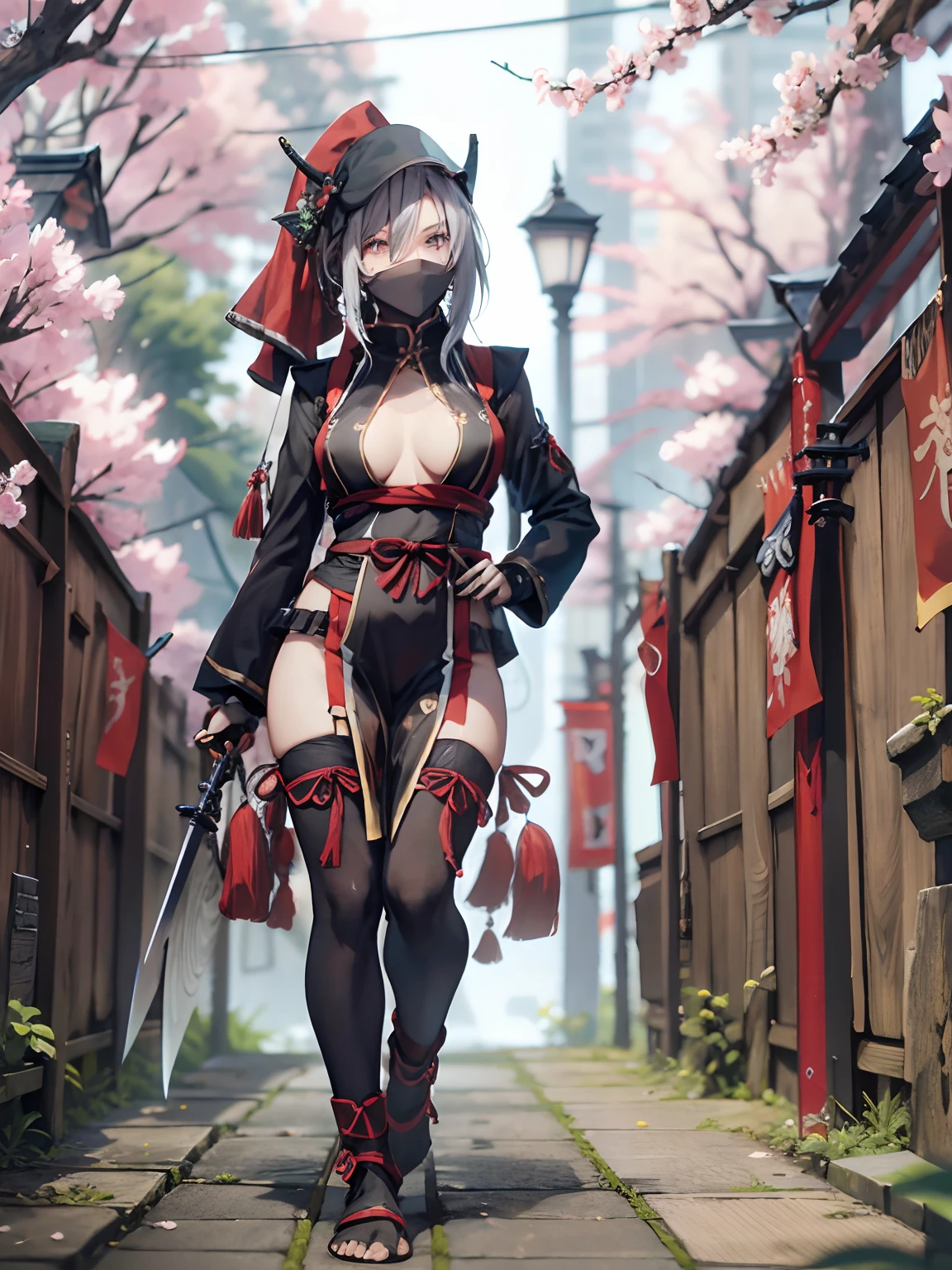 , Close Shot, focus on girl,Random Pose,Female ninja on the way to her enemy,sexy full body, ponnytail hair, Skull Drawing Mask,Sexy ninja costume, Holding a metal combat knife in his hands,tattoo,Japanese pagoda BREAK,pond, Cherry blossom tree, Kunai and Shuriken were lying around,Artwork,3d,4k,Detailed,Realistic,highly detailed 4k digital art,Octane Render, bioluminic, BREAK 8K resolution concept art, Realism,by Mappa studios,Masterpiece,Best Quality,official arts,illustartion,clear line,(Cool_Color),Perfect composition,absurdress, Fantasy,Focused,the rule of thirds