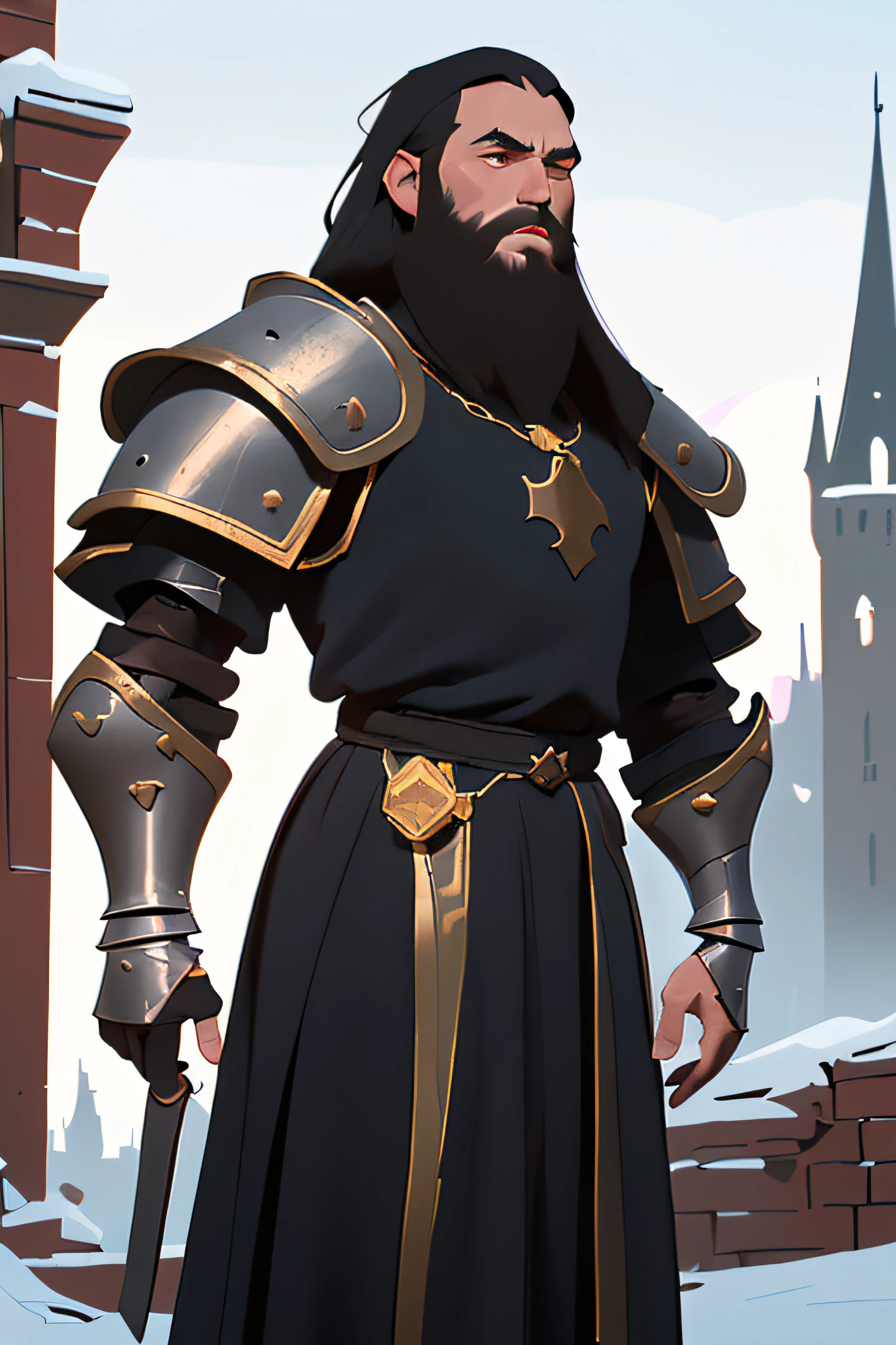 character: One man, Long hair1.3, beard, Big Body1.3) (The clothes: Medieval armor,Dark Fantasy1.4) (Best Quality, Masterpiece),looking a viewer, upper-body, higly detailed, Background of the ruins of the castle)