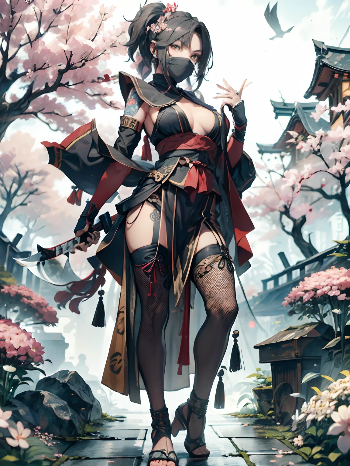 , Close Shot, focus on girl,Random Pose,Female ninja on the way to her enemy,sexy full body, ponnytail hair, Skull Drawing Mask,Sexy ninja costume, Holding a metal combat knife in his hands,tattoo,Japanese pagoda BREAK,pond, Cherry blossom tree, Kunai and Shuriken were lying around,Artwork,3d,4k,Detailed,Realistic,highly detailed 4k digital art,Octane Render, bioluminic, BREAK 8K resolution concept art, Realism,by Mappa studios,Masterpiece,Best Quality,official arts,illustartion,clear line,(Cool_Color),Perfect composition,absurdress, Fantasy,Focused,the rule of thirds